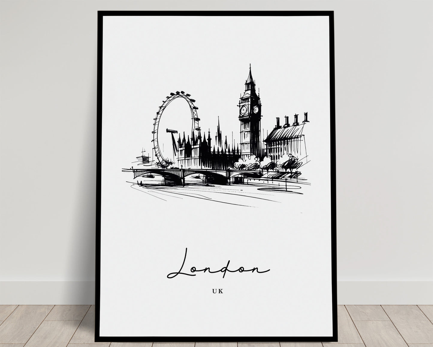 Croquis à l'encre de Londres avec Big Ben, le Parlement et la grande roue London Eye, poster Balthazart Studio