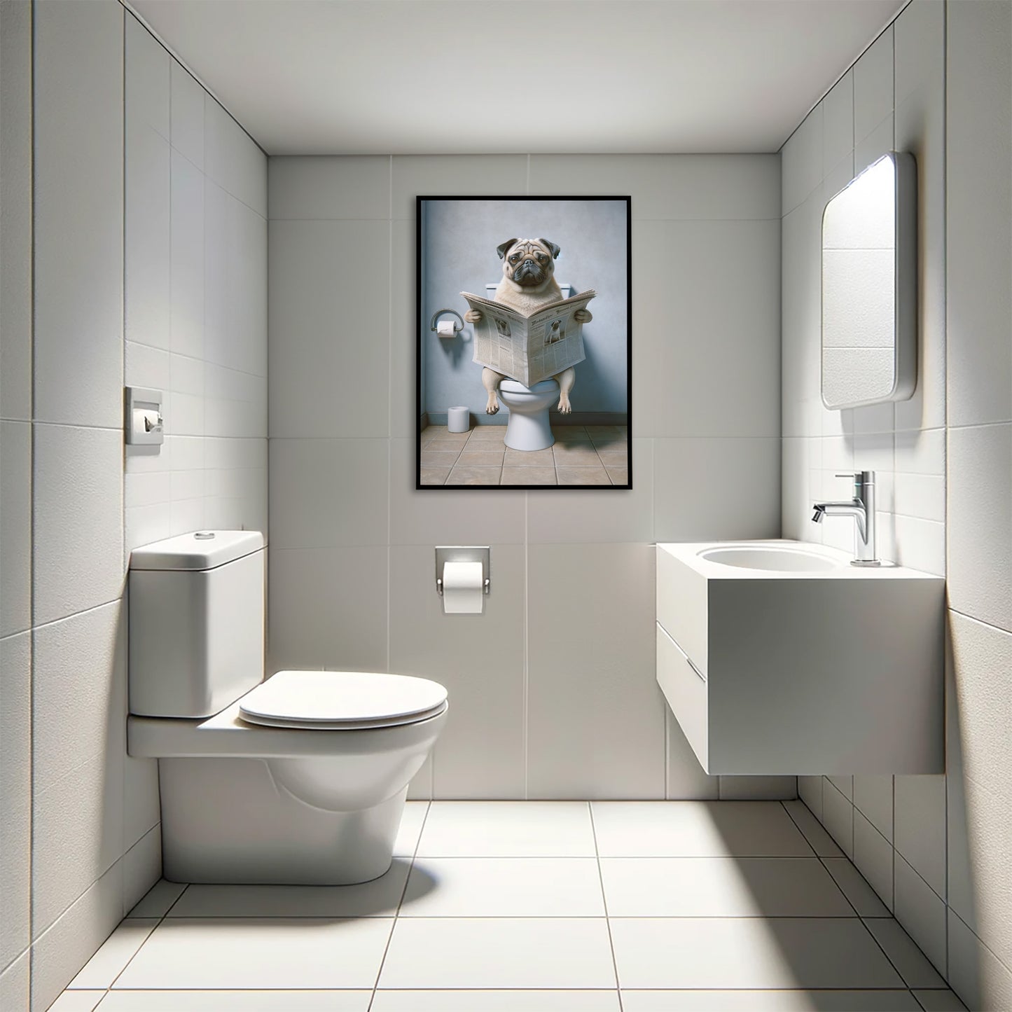 Poster carlin lisant le journal aux toilettes, cadre noir au-dessus d'un WC suspendu blanc