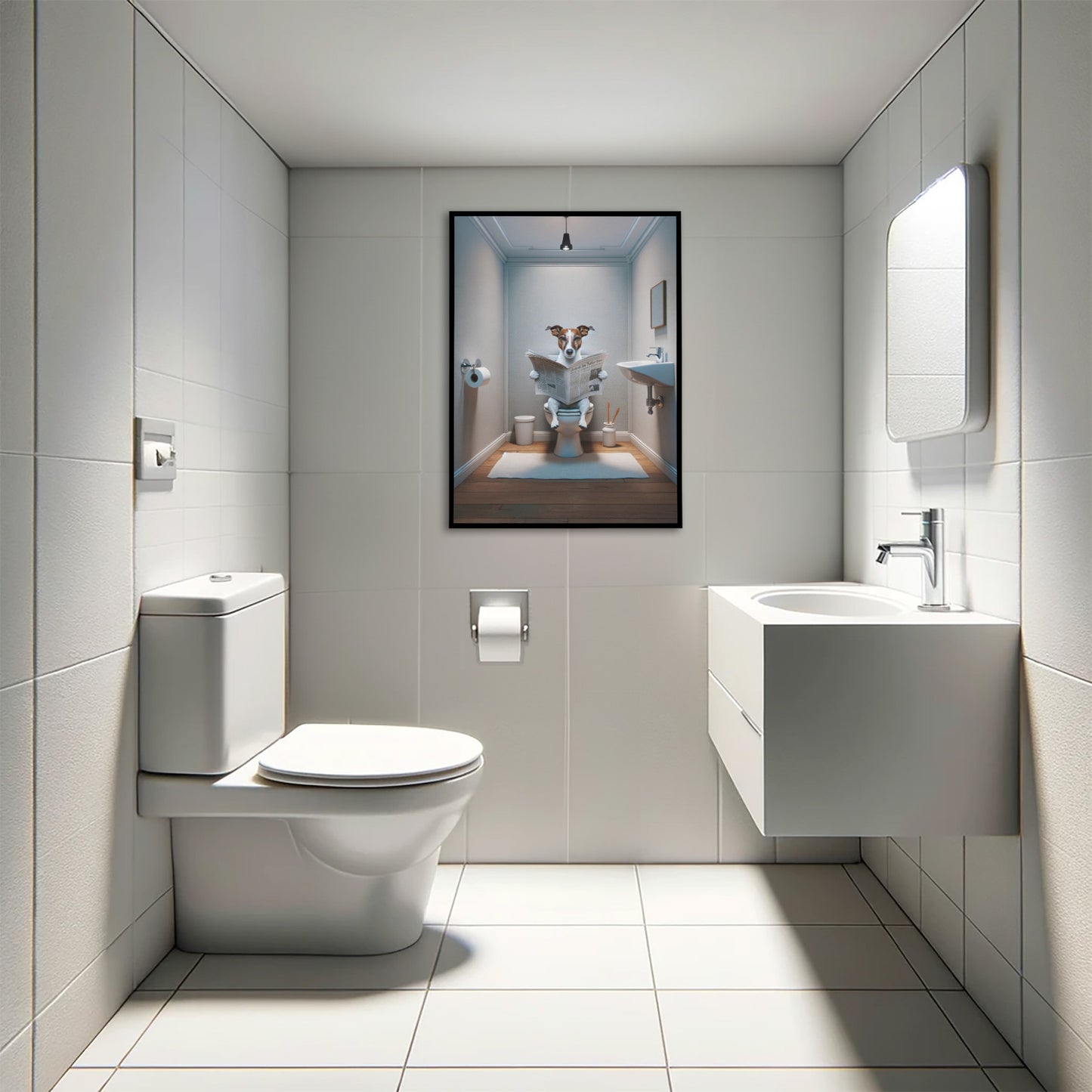 Poster Jack Russell Terrier lisant le journal sur toilettes, Décoration WC humoristique, Cadre salle de bain, Cadeau drôle