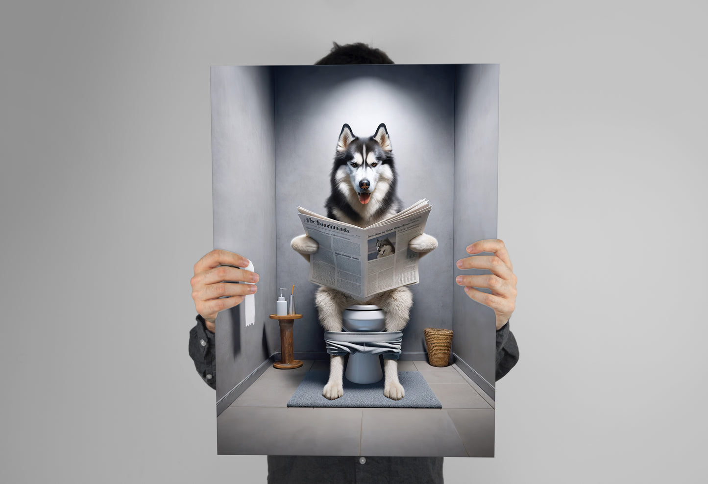Poster husky lisant le journal aux toilettes tenu à deux mains devant un mur gris