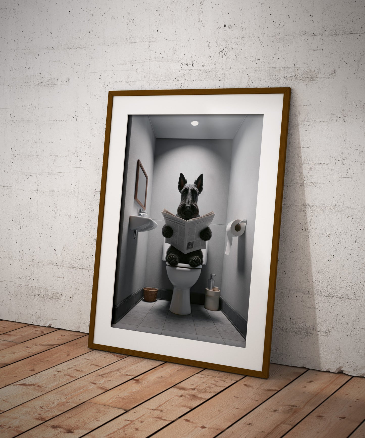 Scottish Terrier Reading Newspaper Poster - Funny Bathroom Decor, WC Art, Gag Gift for Toilet Wall