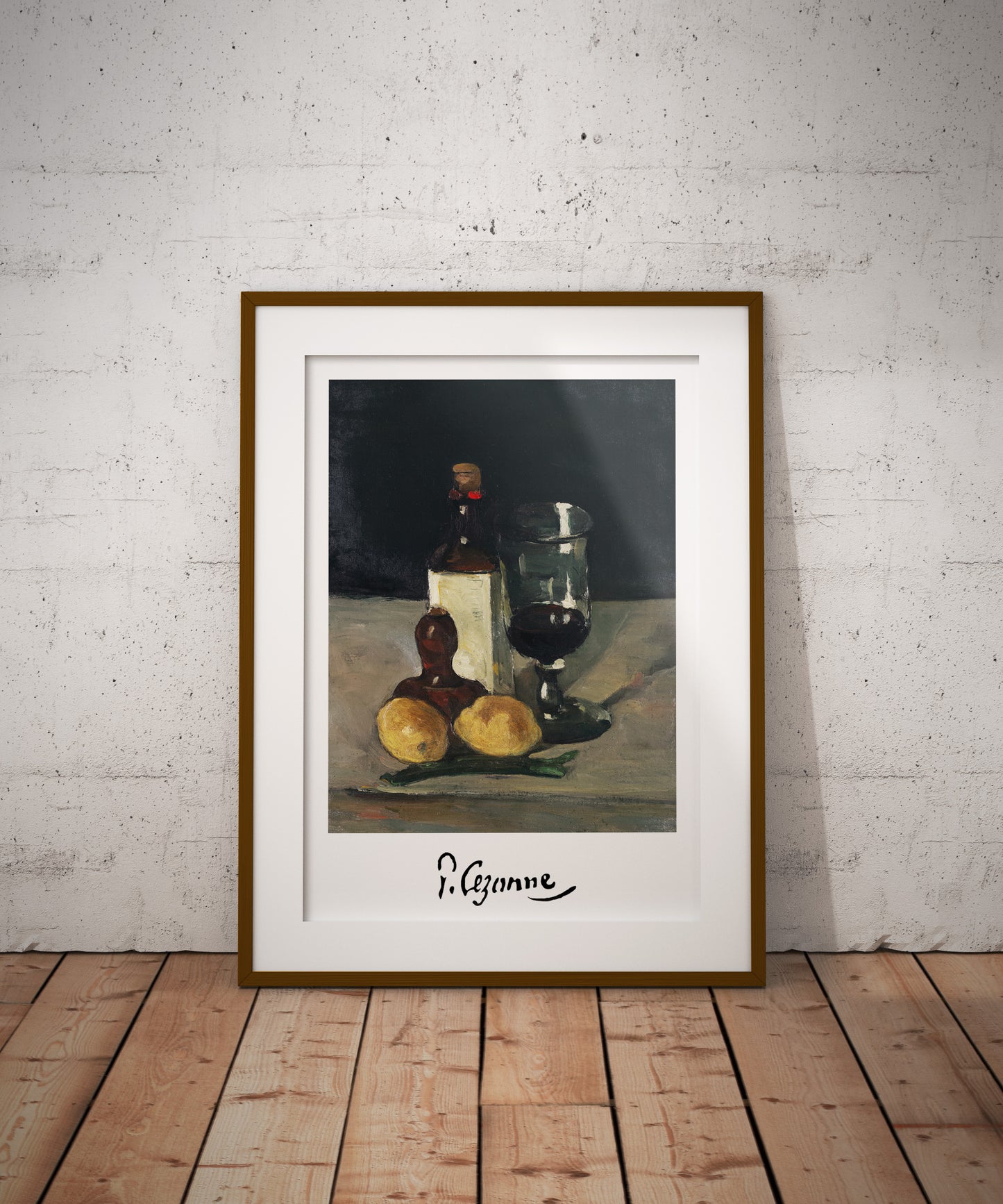 Affiche Cézanne nature morte, cadre bois foncé et passe-partout, posée au sol sur un parquet