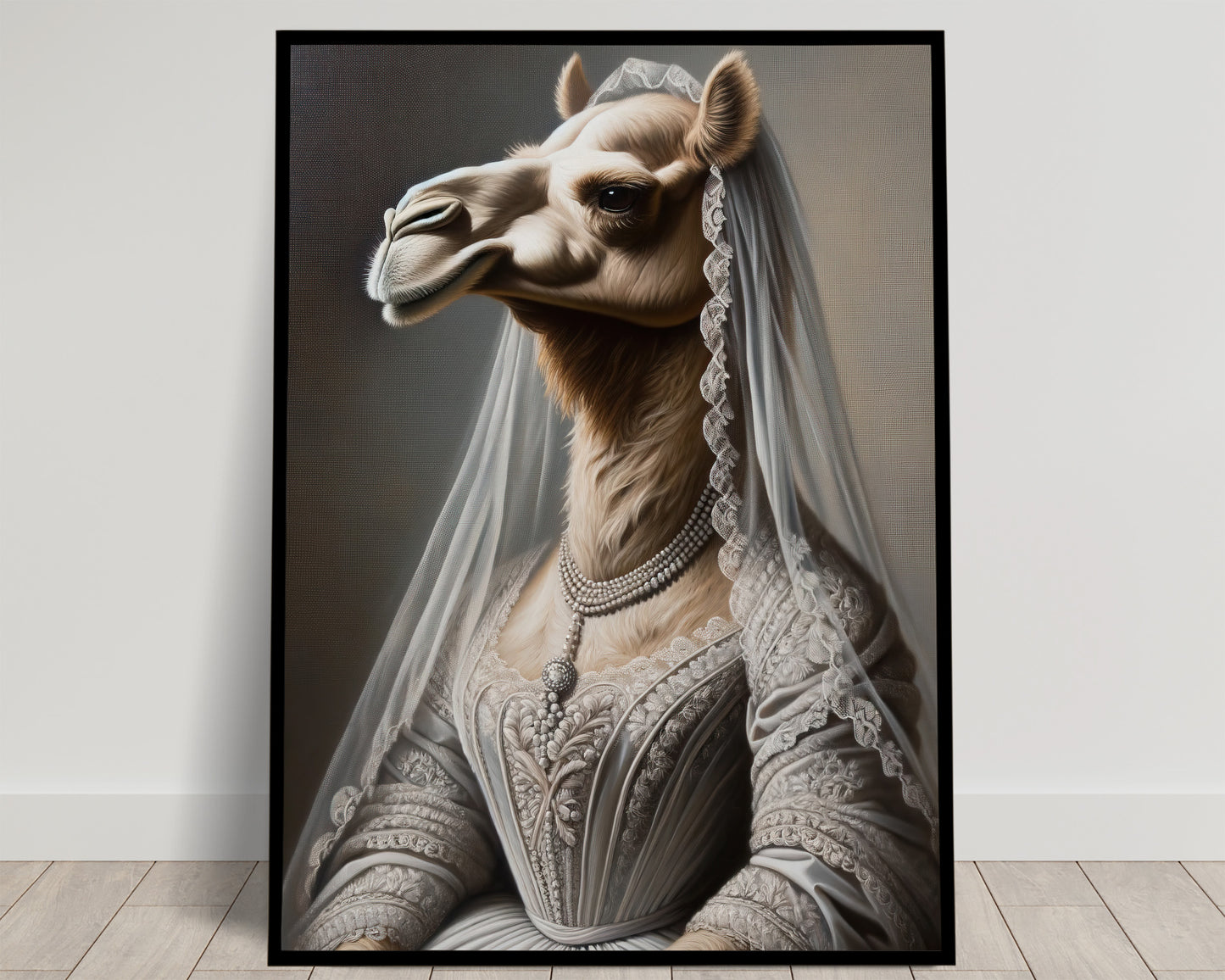 Profile portrait of a camel bride in an embroidered gray gown, pearl necklace and long veil, dark background, black frame