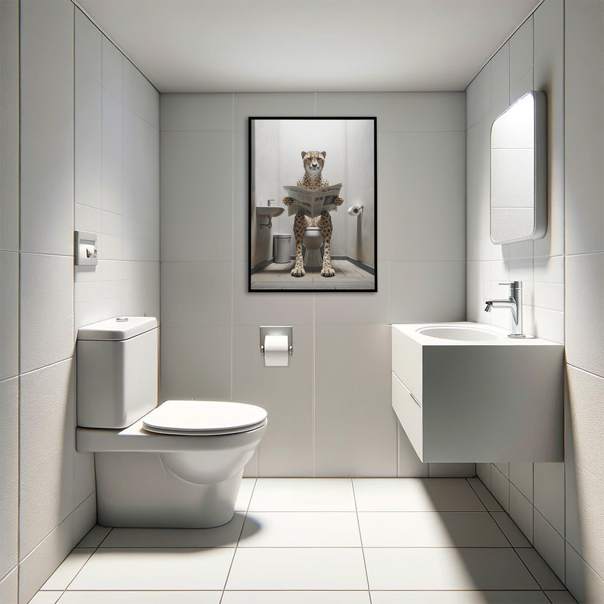 Poster guépard lisant le journal aux WC en cadre noir au-dessus d'un WC suspendu, toilettes carrelées