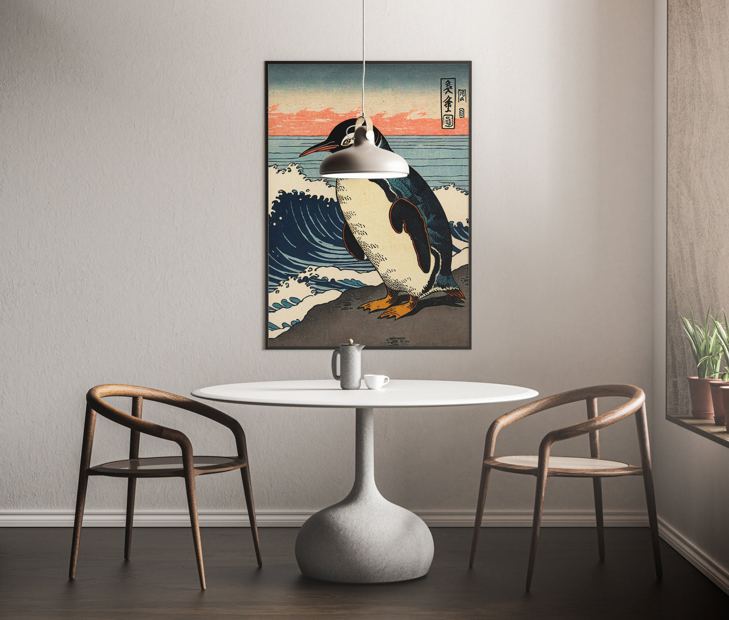 Affiche pingouin ukiyo-e au-dessus d'une table ronde blanche et de deux chaises en bois