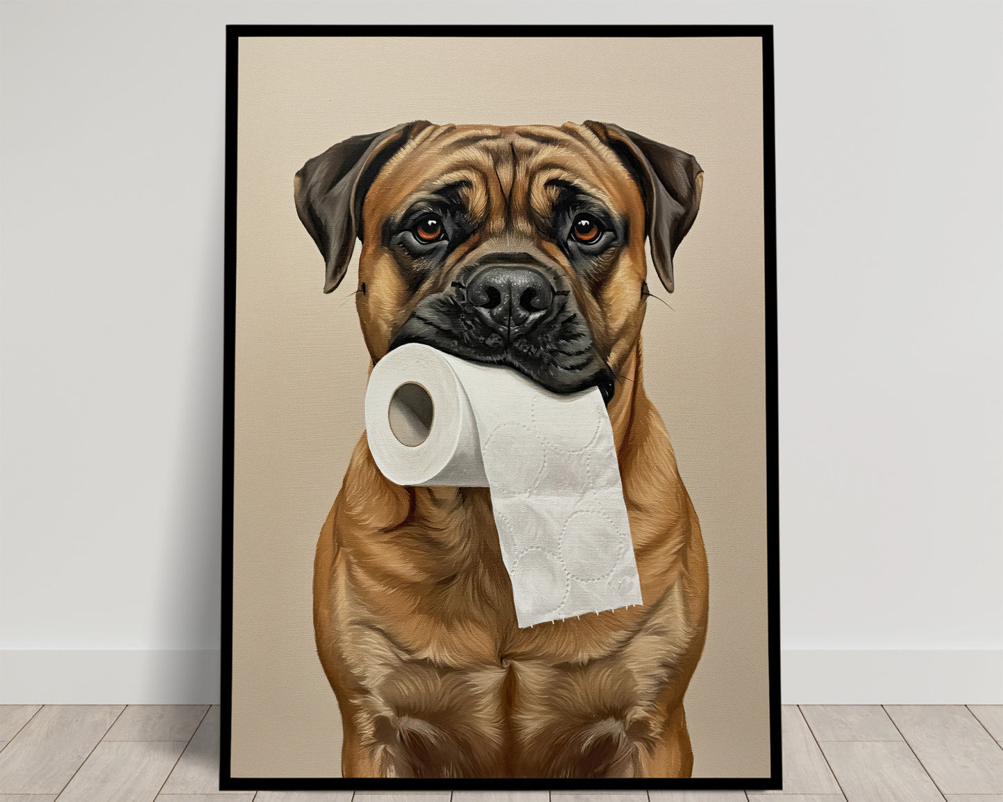Bullmastiff fauve au masque noir tenant un rouleau de papier toilette, fond beige, poster Balthazart Studio