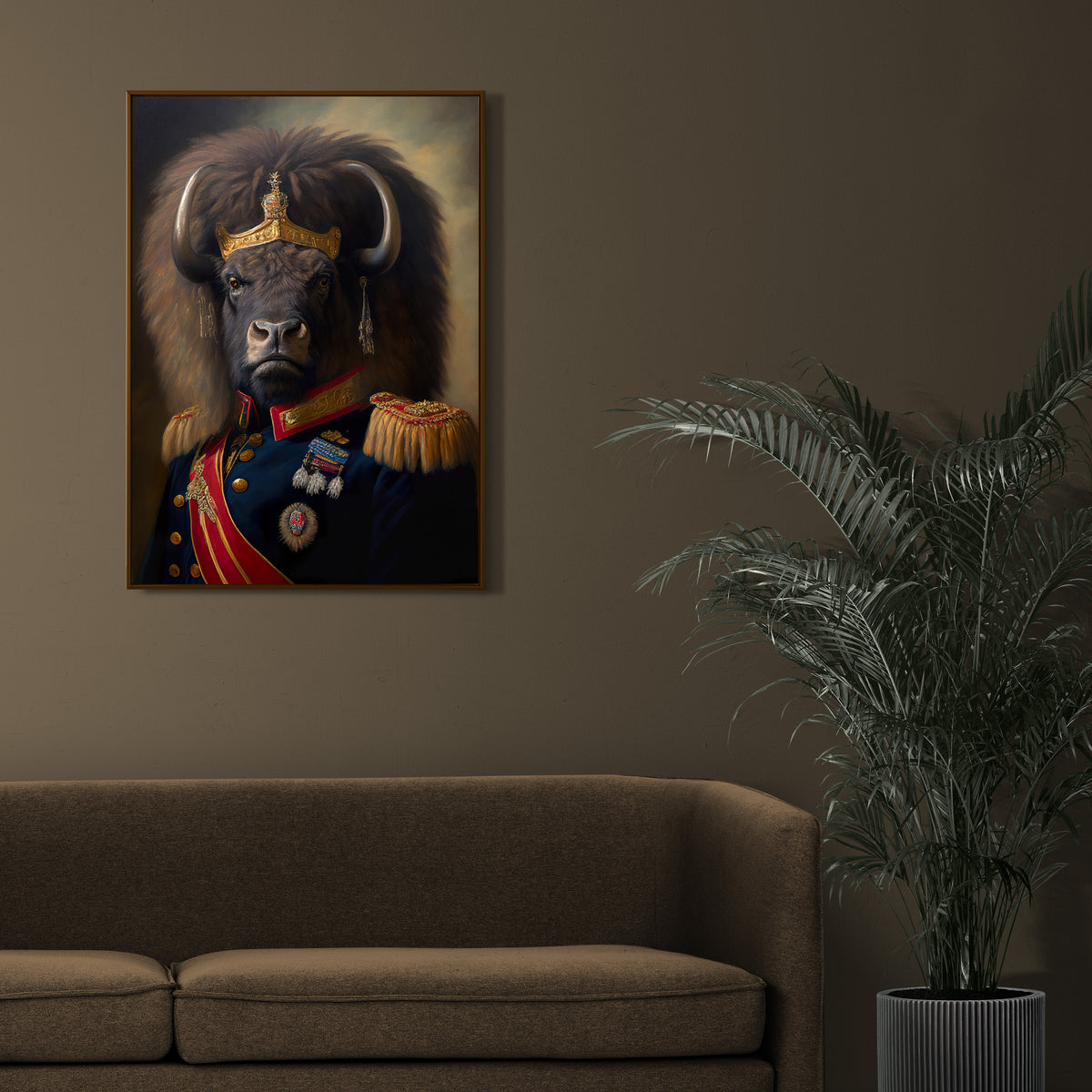 Heroic buffalo poster on a taupe wall above a brown sofa beside a palm plant