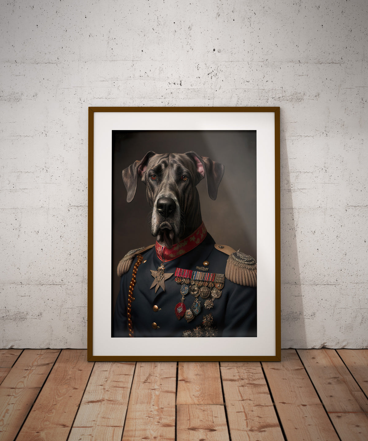 Great Dane in uniform poster in a dark wood frame with a mat on the floor against a brick wall