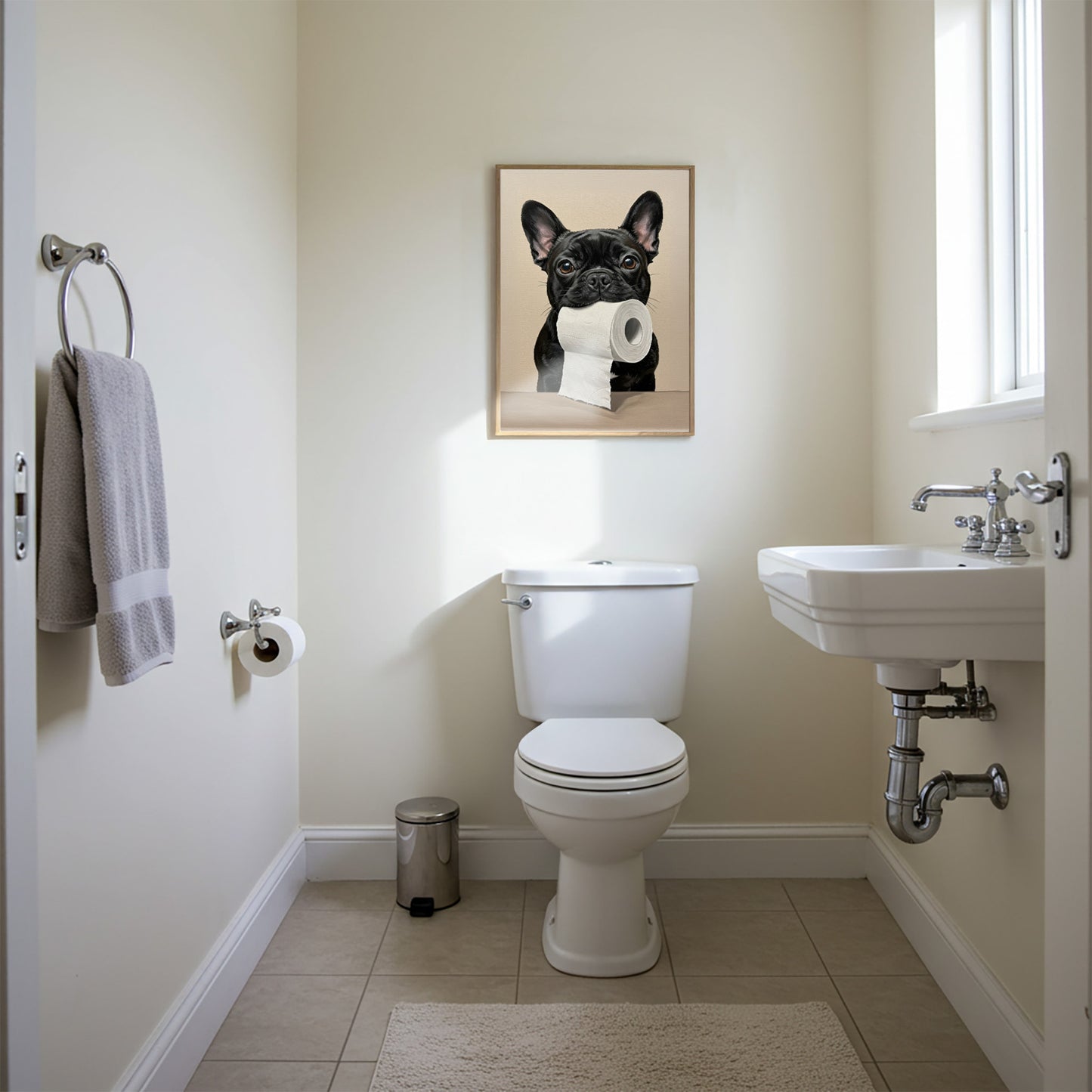Poster drôle Bouledogue Français noir pour toilettes - Décoration murale WC, cadeau original, affiche encadrée mur déco