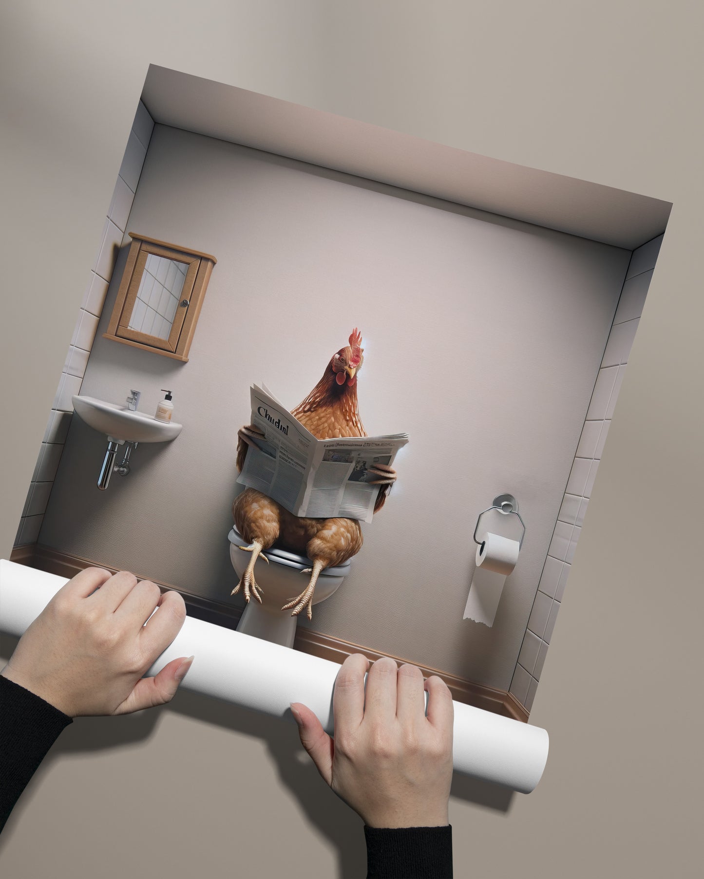 Poster poulet lisant le journal déroulé à la main sur fond taupe