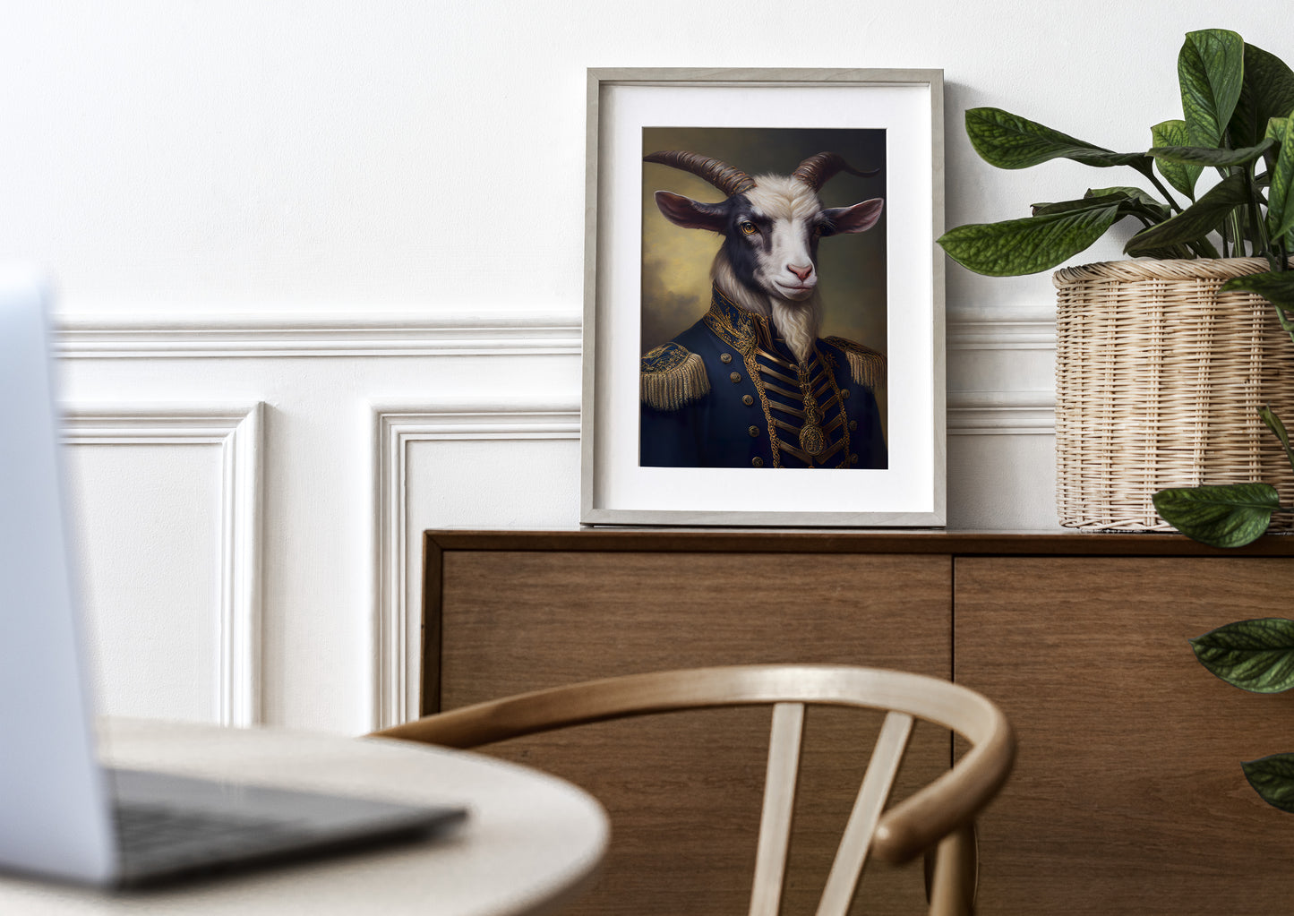 Goat in uniform poster in a natural wood frame with a mat on a wooden sideboard
