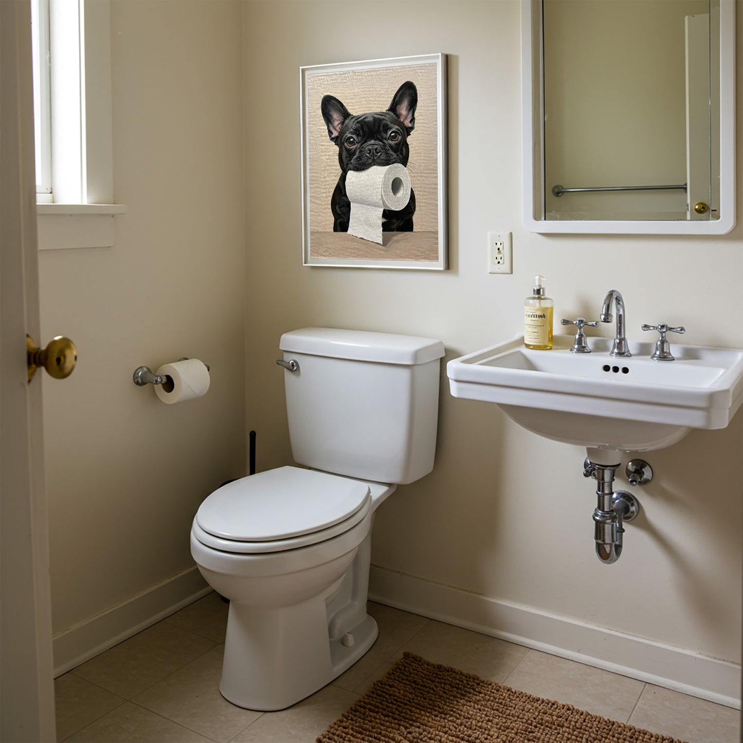 Poster drôle Bouledogue Français noir pour toilettes - Décoration murale WC, cadeau original, affiche encadrée mur déco