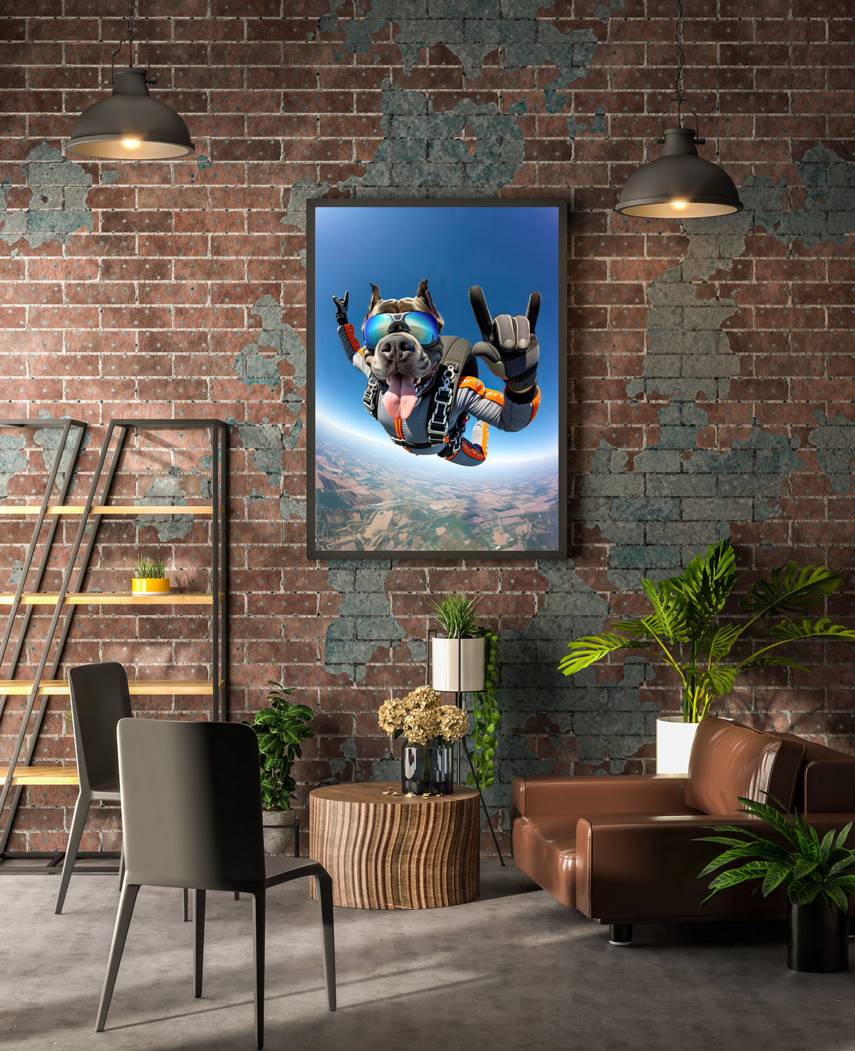 Poster Cane Corso parachutiste, cadre noir dans un loft en briques avec canapé en cuir et plantes