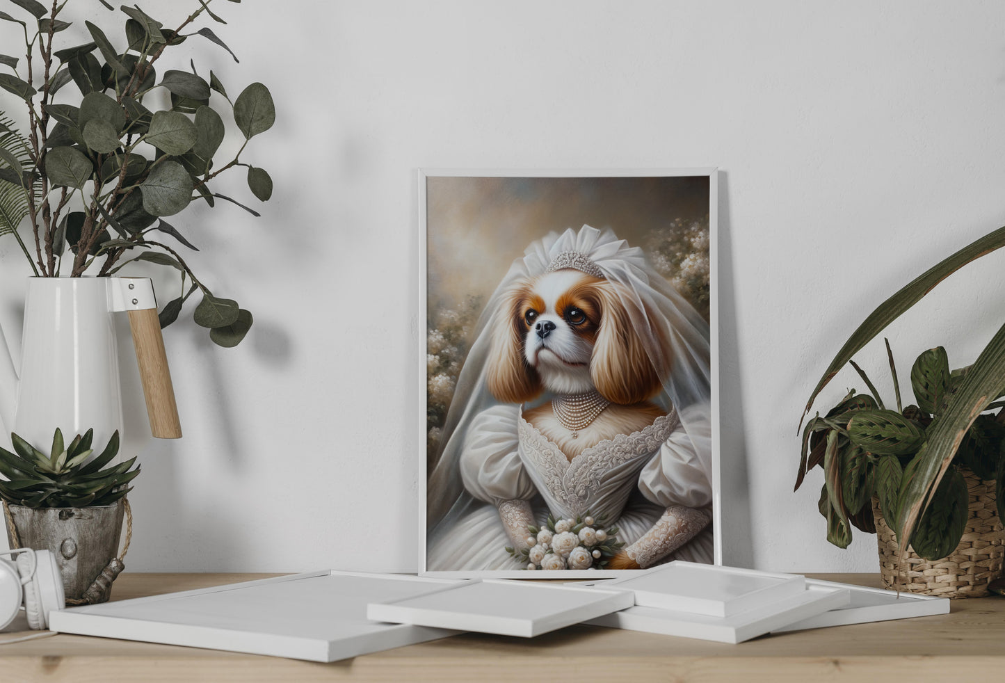 Poster chien Cavalier King Charles en robe de mariée appuyé au mur sur une console, entre eucalyptus et plante en pot