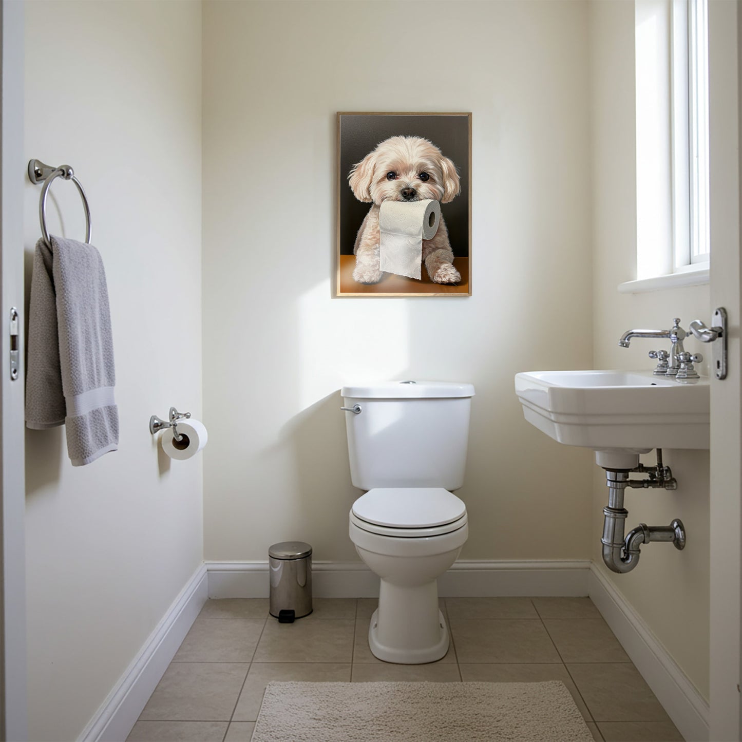 Poster Chien Bichon Frisé Humour Toilette – Décoration Murale WC, Cadeau Original, Affiche Encadrée, Idée Déco Animaux