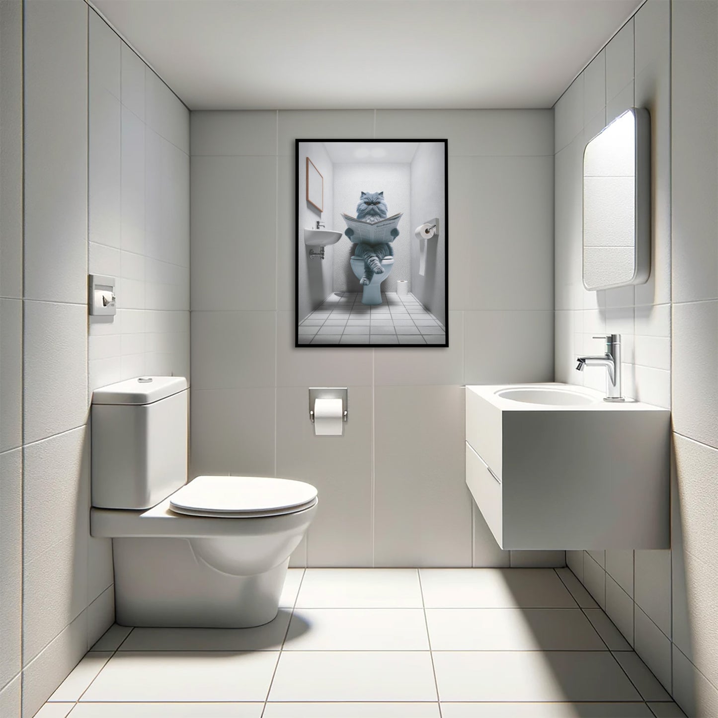 Affiche Murale Chat Persan Bleu Lisant aux Toilettes, Décoration Humour WC & Salle de Bain, Cadeau Original pour Amateurs de Chats