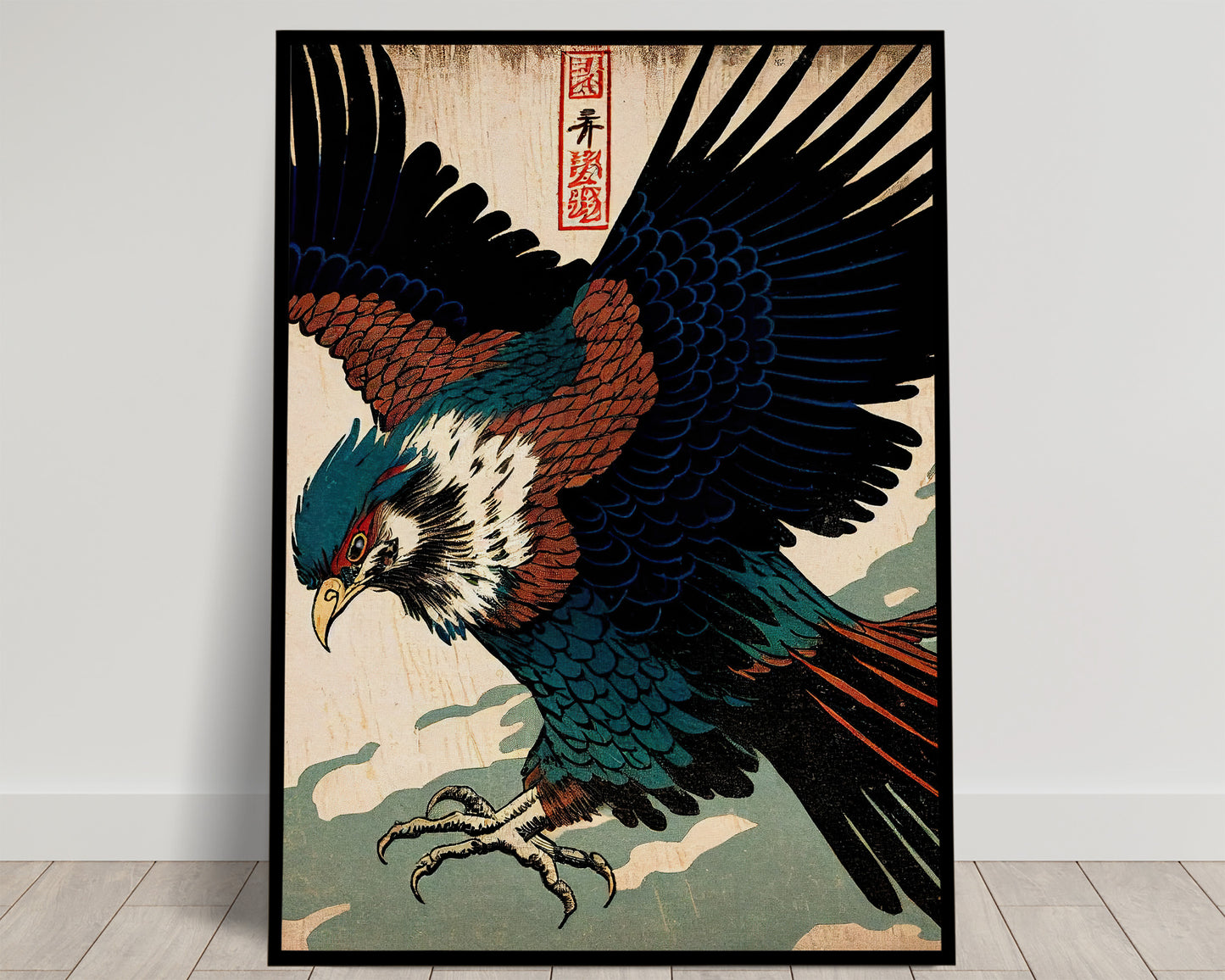 Aigle en piqué aux ailes déployées, plumes rouille, bleu nuit et vert, nuages, estampe japonaise, poster Balthazart Studio