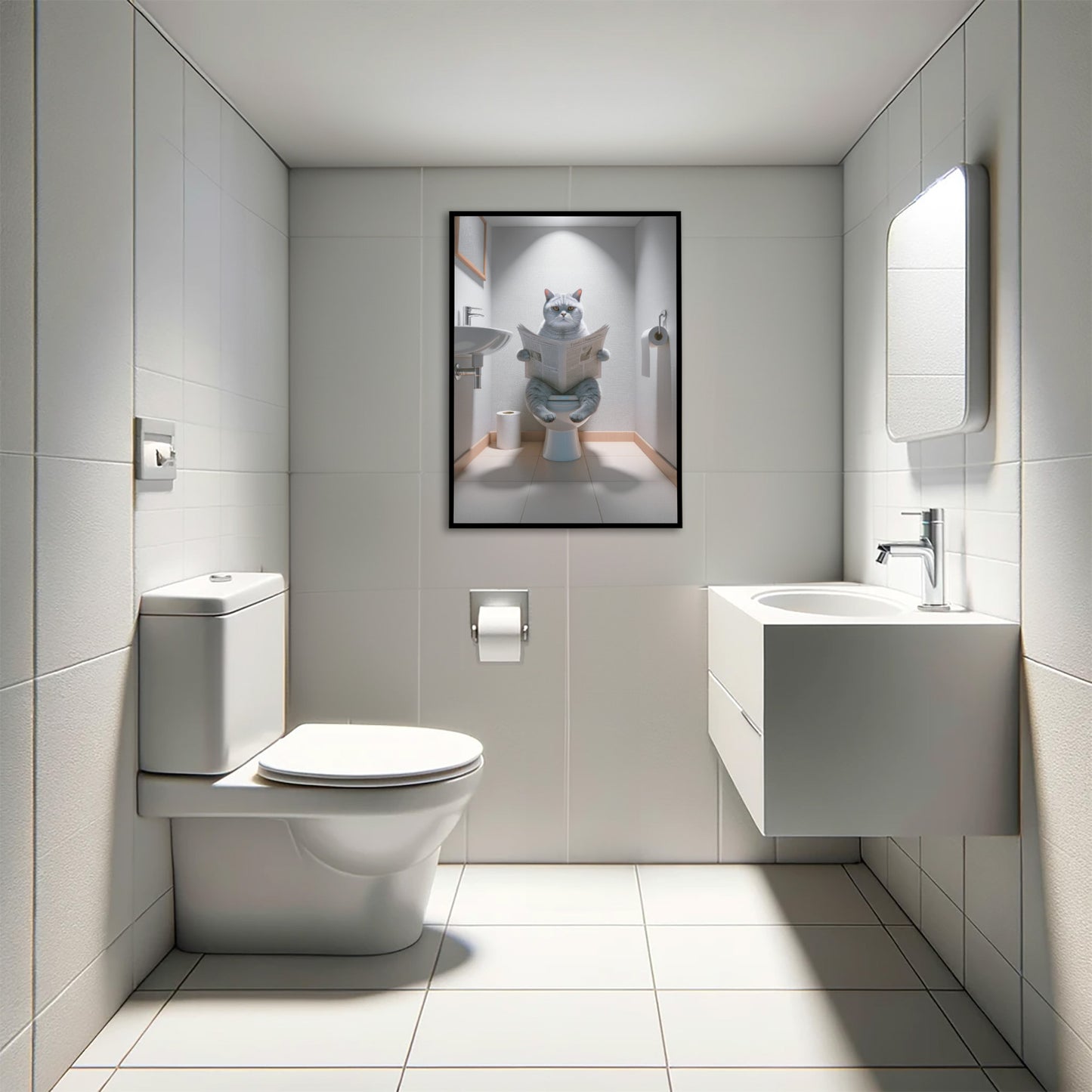 Affiche Murale Humour Chat British Shorthair sur Toilettes - Déco WC et Salle de Bain, Cadeau Original