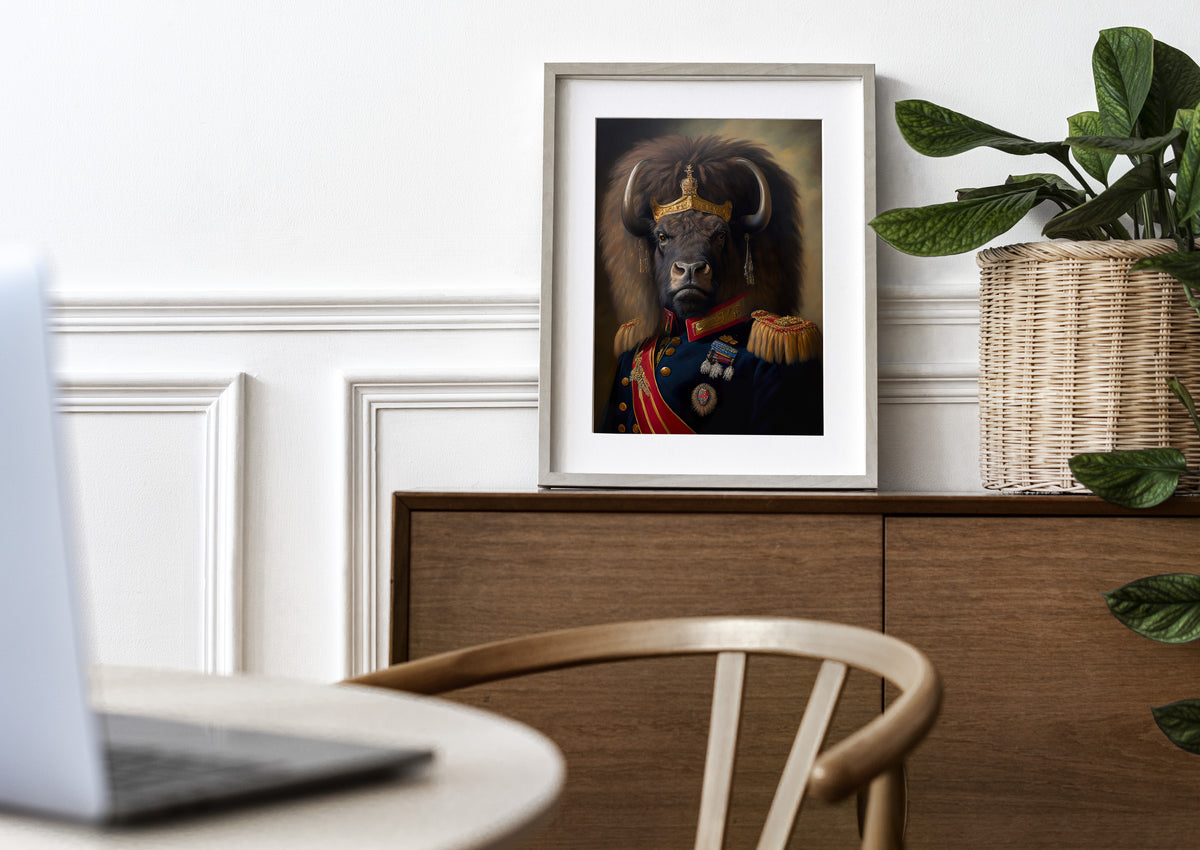 Buffalo in uniform poster in a natural wood frame with a mat on a wooden sideboard