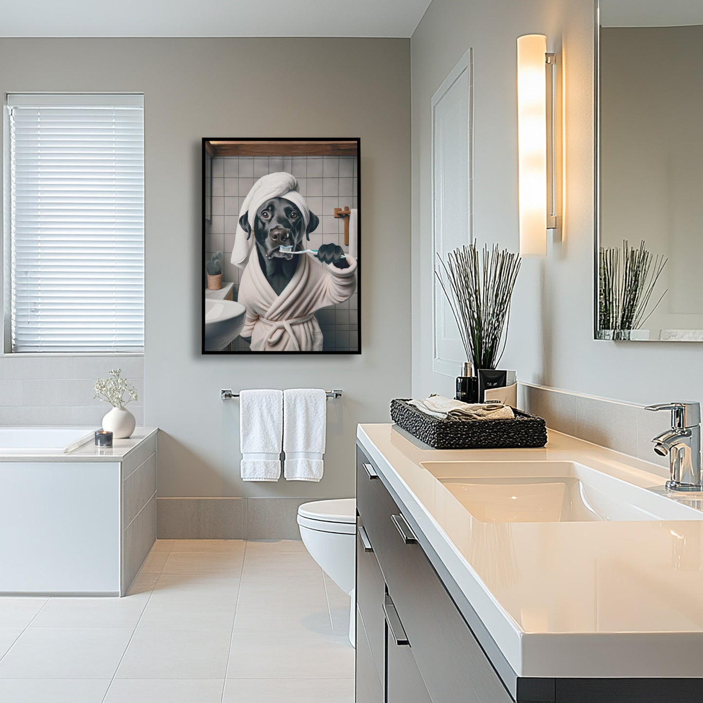 Poster Labrador noir se brossant les dents, cadre noir au-dessus de serviettes blanches, salle de bain claire