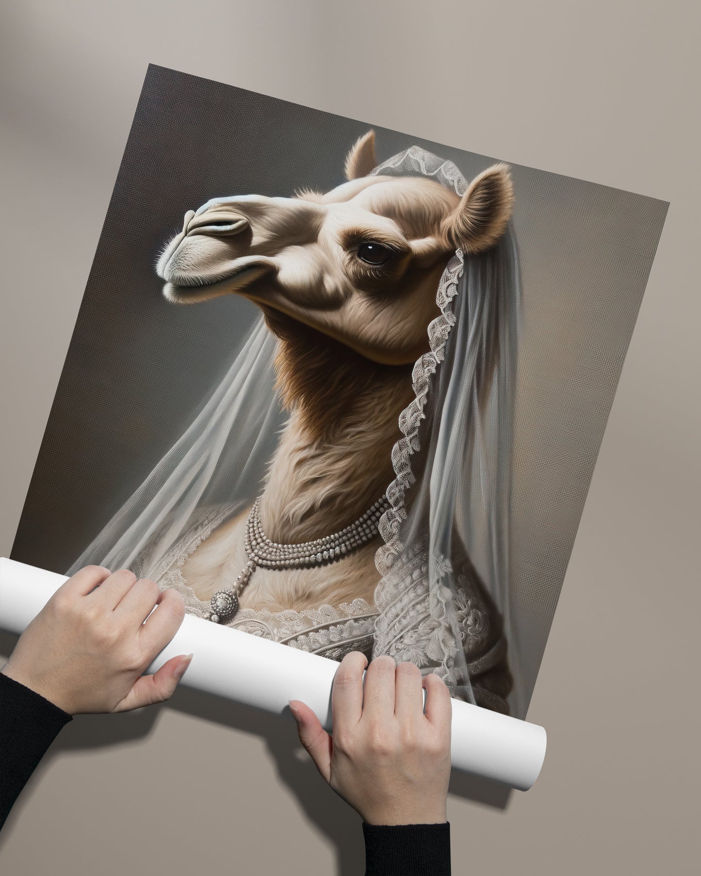 Camel in wedding dress poster being unrolled by hand
