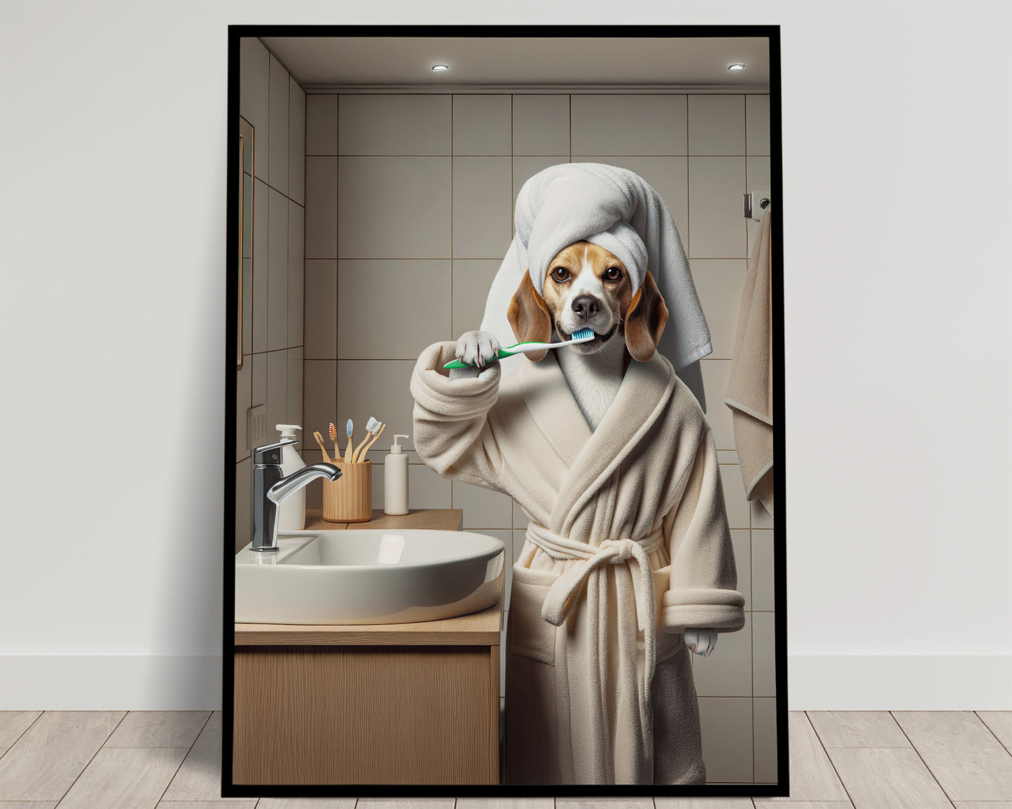 Portrait d'un Beagle se brossant les dents en peignoir, Cadre Salle de bain, Déco Humour, Poster SDB, Cadeau Fun, Affiche Beagle encadrée