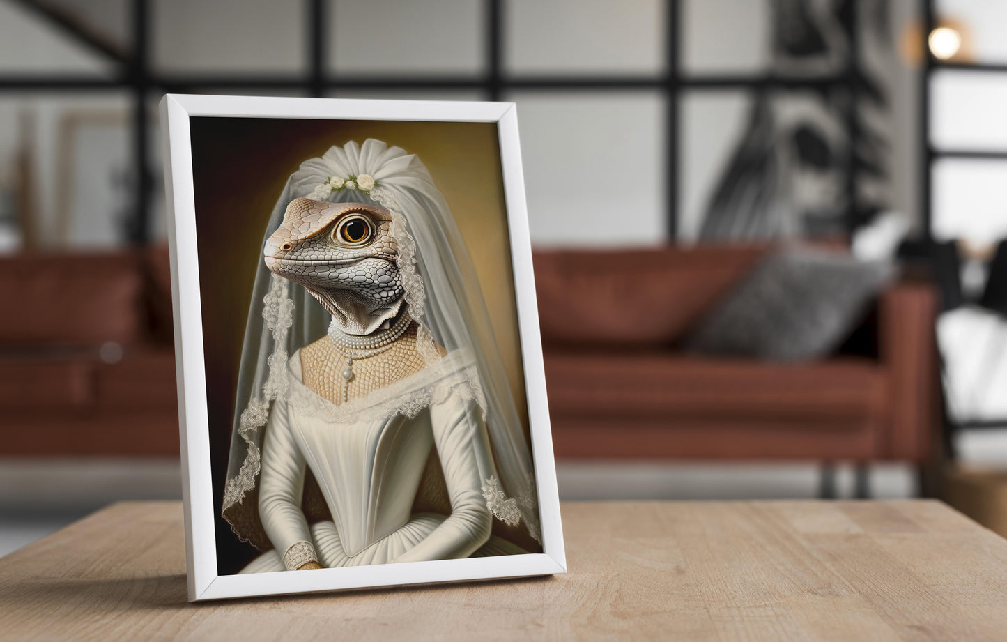 Poster lézard en robe de mariée, cadre blanc posé sur une table en bois devant un salon flou