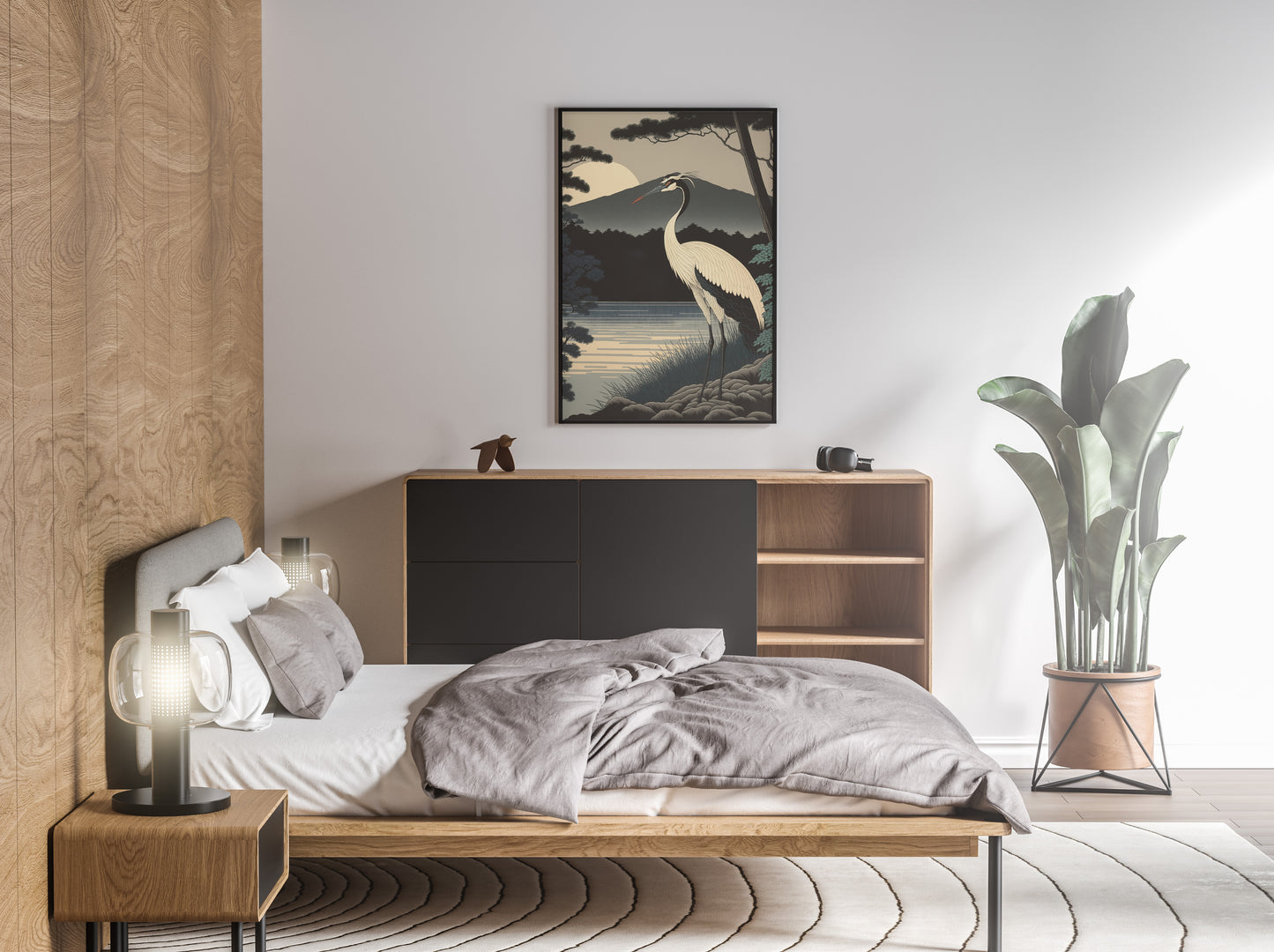 Poster grue du Japon au lever du soleil au-dessus d'un lit, chambre claire avec plante