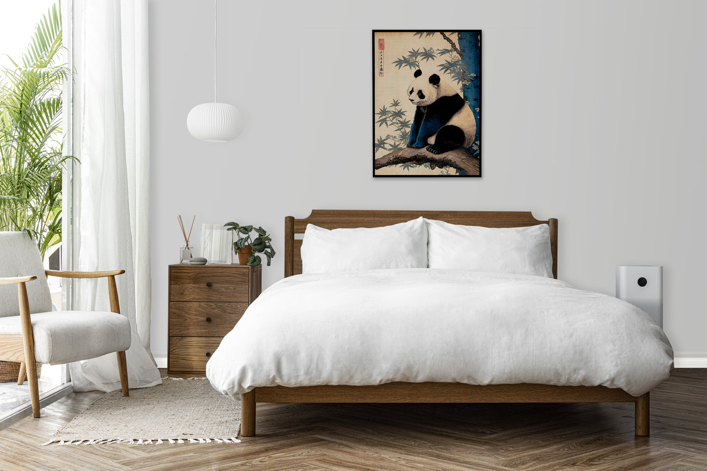 Japanese art panda poster above a bed with white linens in a bright bedroom