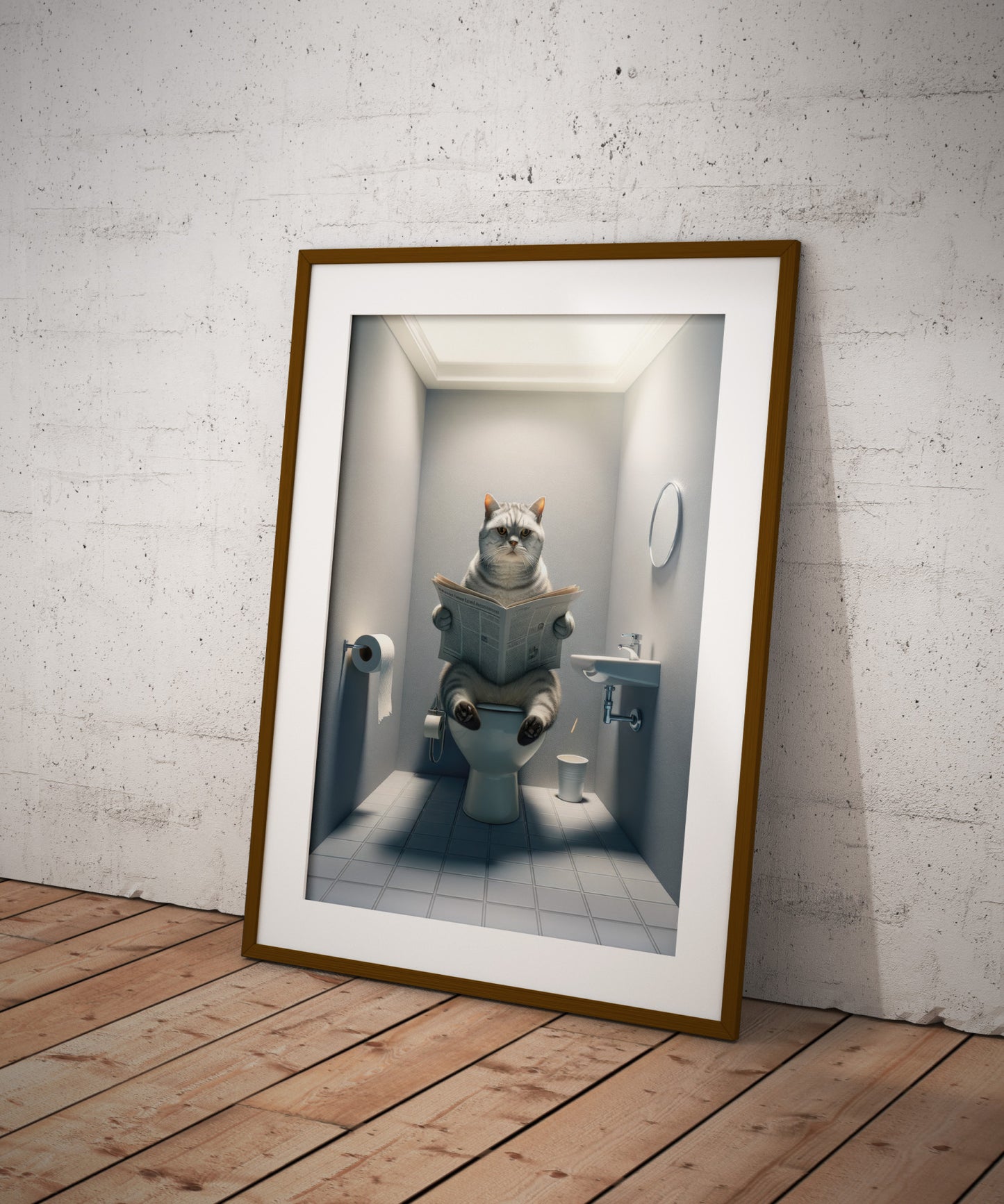 Affiche chat British Shorthair tigré argenté en cadre bois foncé avec passe-partout, posé sur un parquet