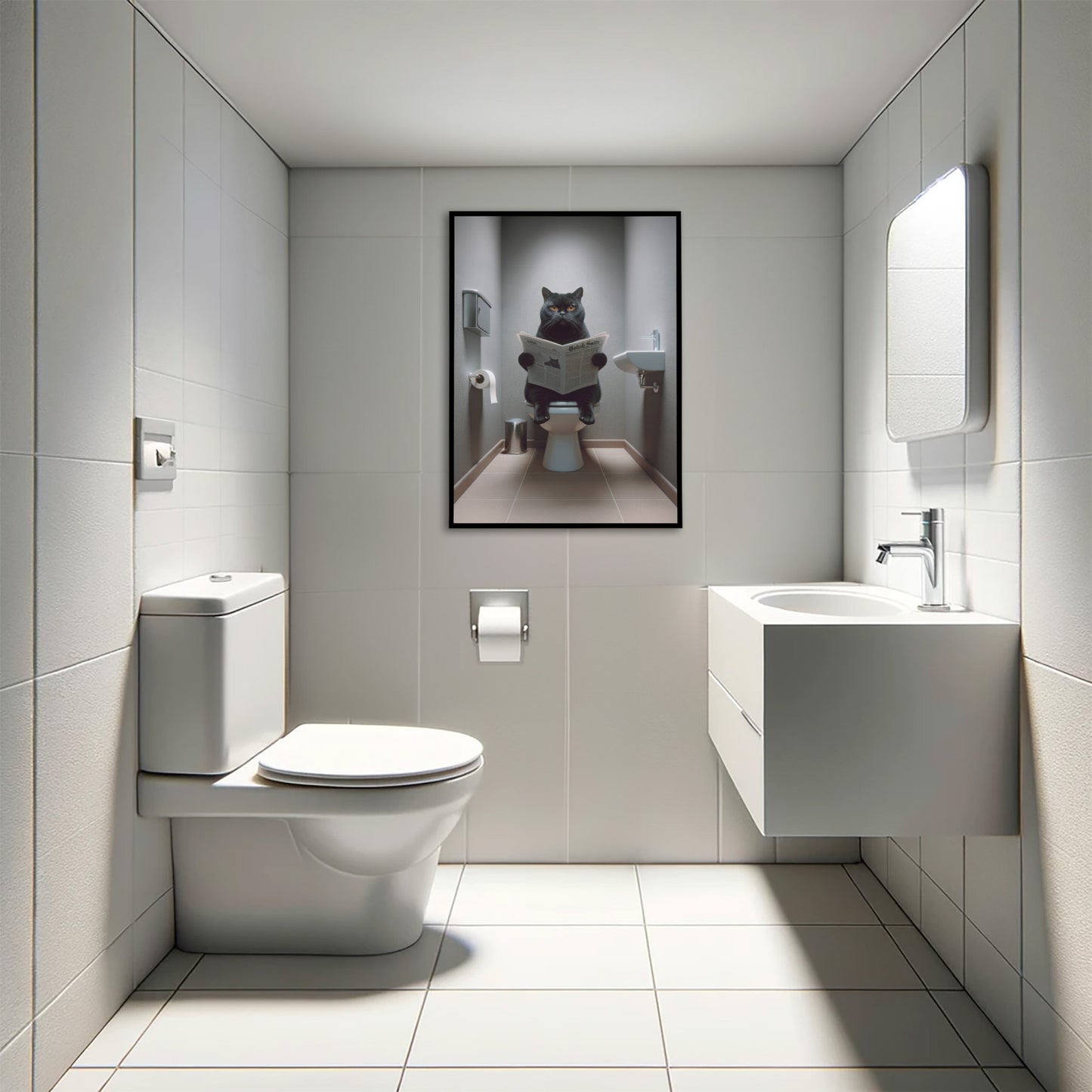 Affiche chat British Shorthair noir en cadre noir accroché au-dessus d'un WC suspendu, toilettes blanches