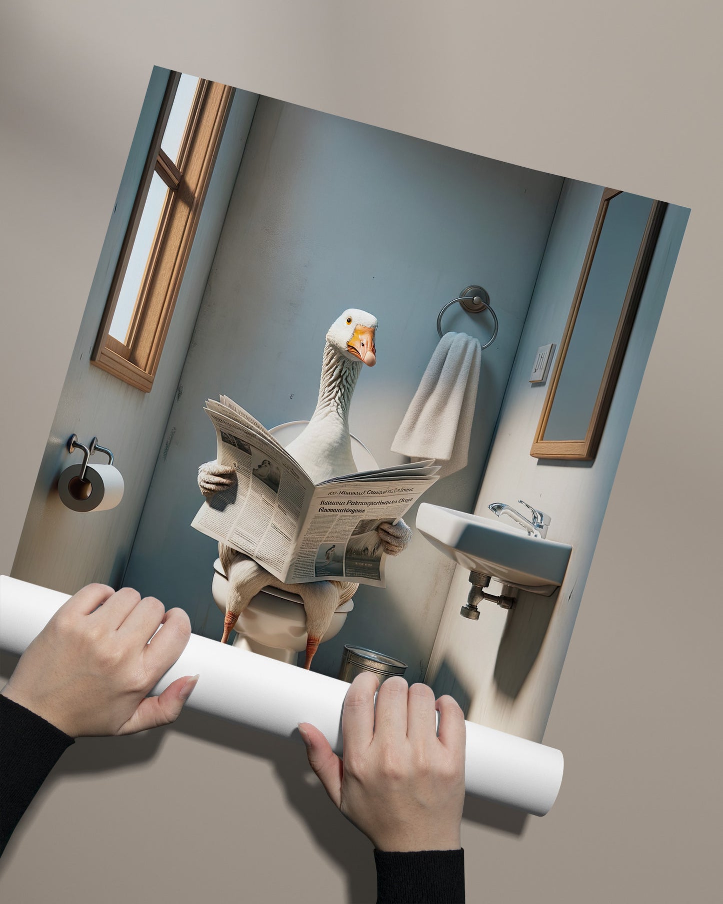 Poster Humour WC : Oie lisant le journal sur toilettes, Décoration Salle de Bain, Cadre Fun, Idée Cadeau Originale