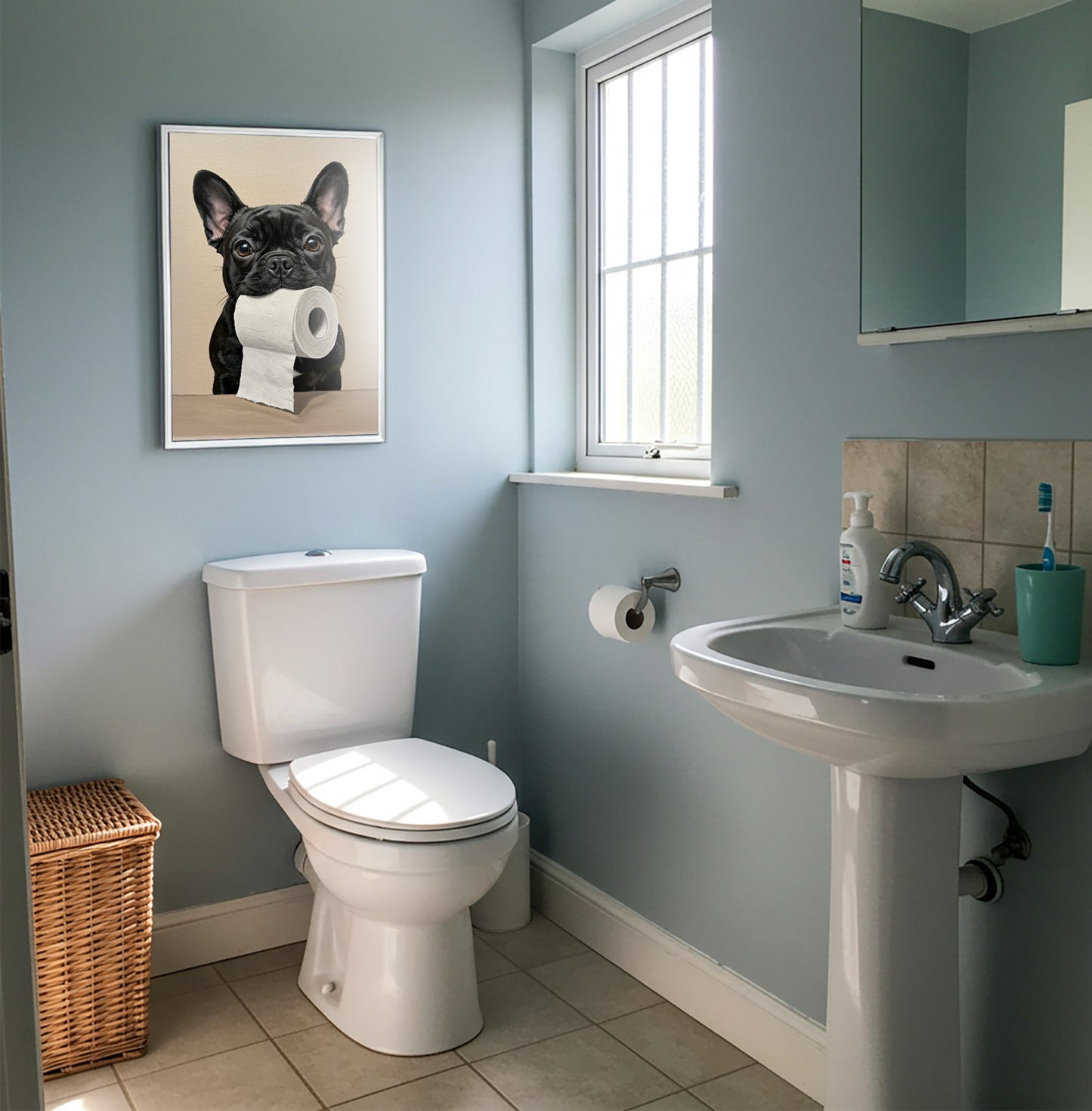 Poster drôle Bouledogue Français noir pour toilettes - Décoration murale WC, cadeau original, affiche encadrée mur déco
