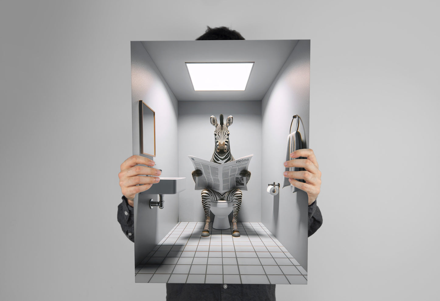Poster Humoristique: Zèbre Lisant le Journal aux Toilettes, Déco Salle de Bain, Cadeau Amusant, Affiche Originale