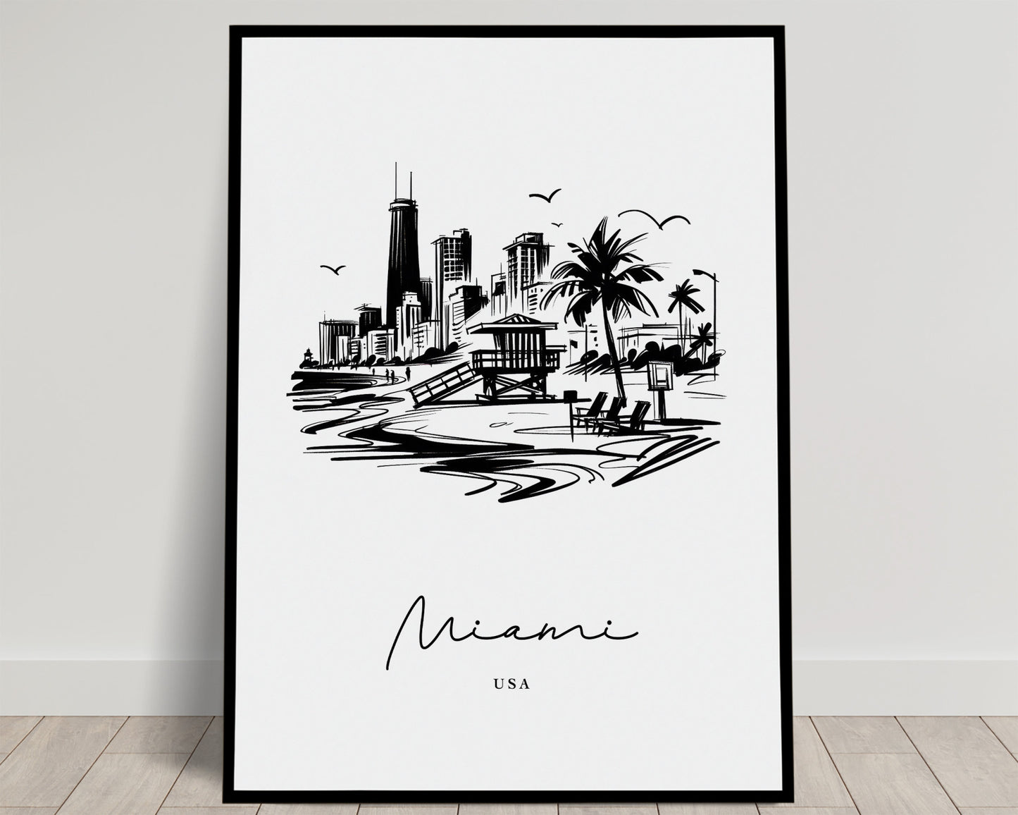 Croquis noir et blanc de Miami : gratte-ciel, poste de sauveteur et palmiers sur la plage, poster Balthazart Studio