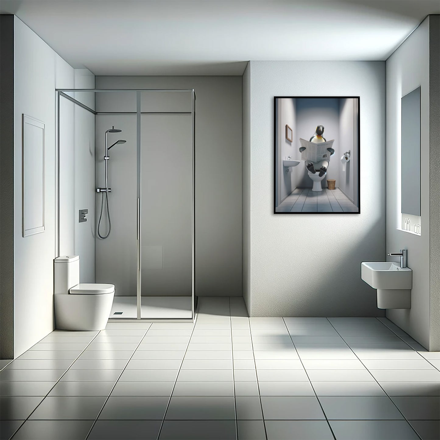 Poster Manchot empereur lisant le journal, Décor humour WC, Cadre déco Salle de bain, Poster Toilettes, Cadeau original