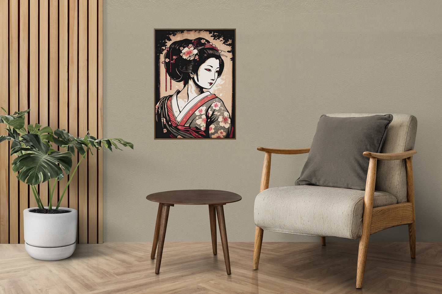 Poster geisha au mur d'un salon beige, fauteuil en bois et table basse ronde