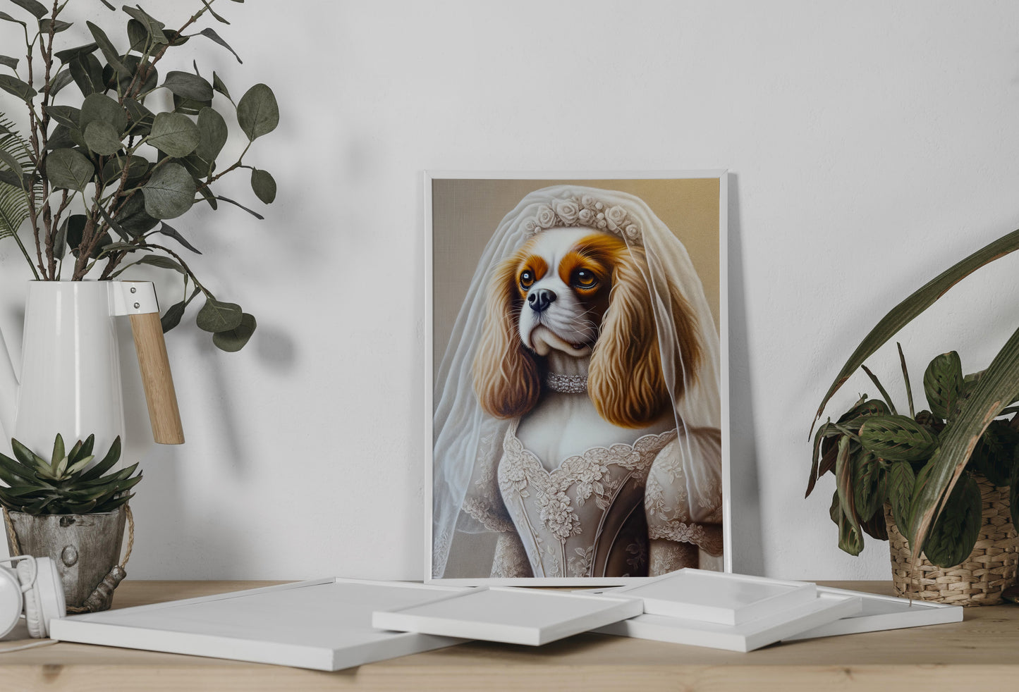 Poster Cavalier King Charles en mariée adossé au mur sur une étagère, entre des plantes vertes
