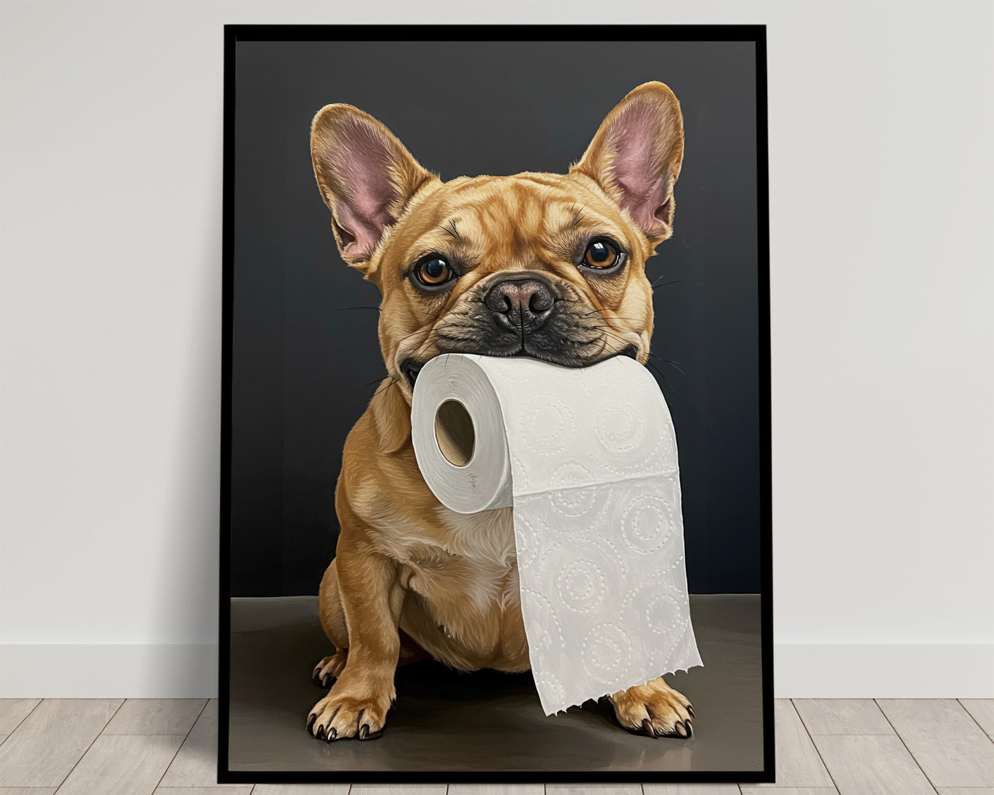 Bouledogue français fauve mordant un rouleau de papier toilette, Humour Toilettes, Poster WC, Cadeau Bulldog, Affiche encadrée, Poster
