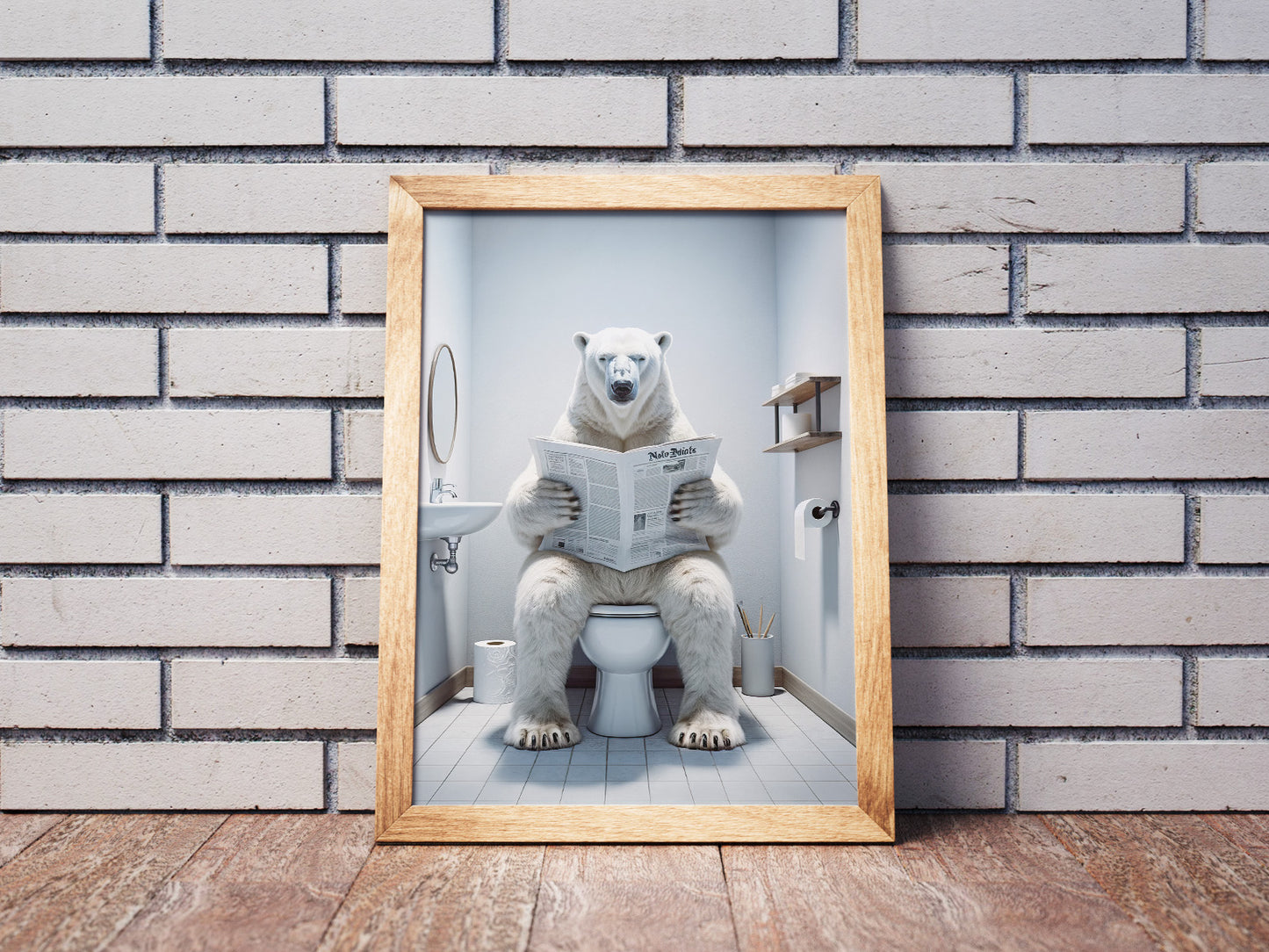 Poster d'un Ours polaire lisant le journal, Décoration Humour WC, Cadre déco Salle de bain, Cadeau Fun, Affiche Toilette