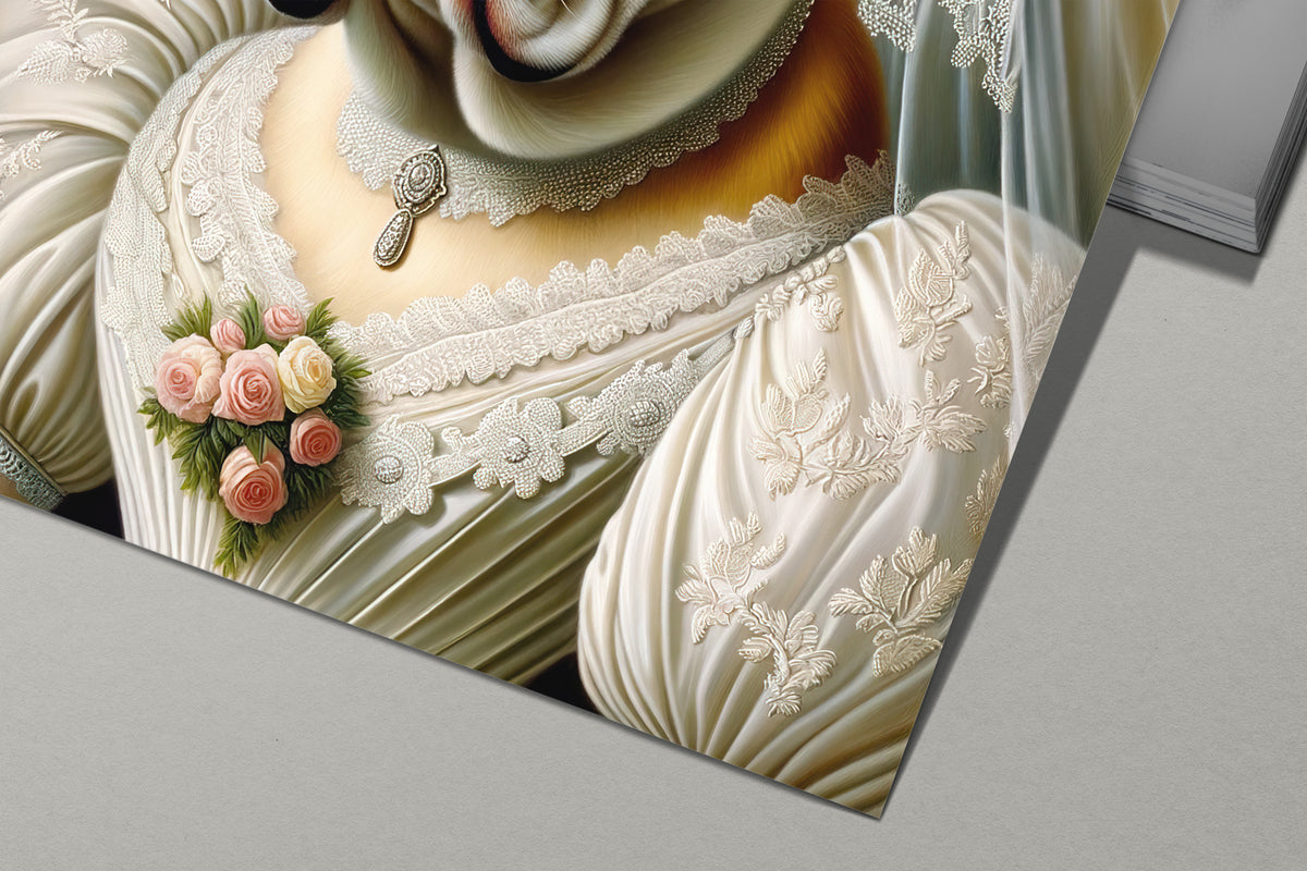 Detail of the English Bulldog in wedding dress poster: ivory embroidery, brooch and small roses