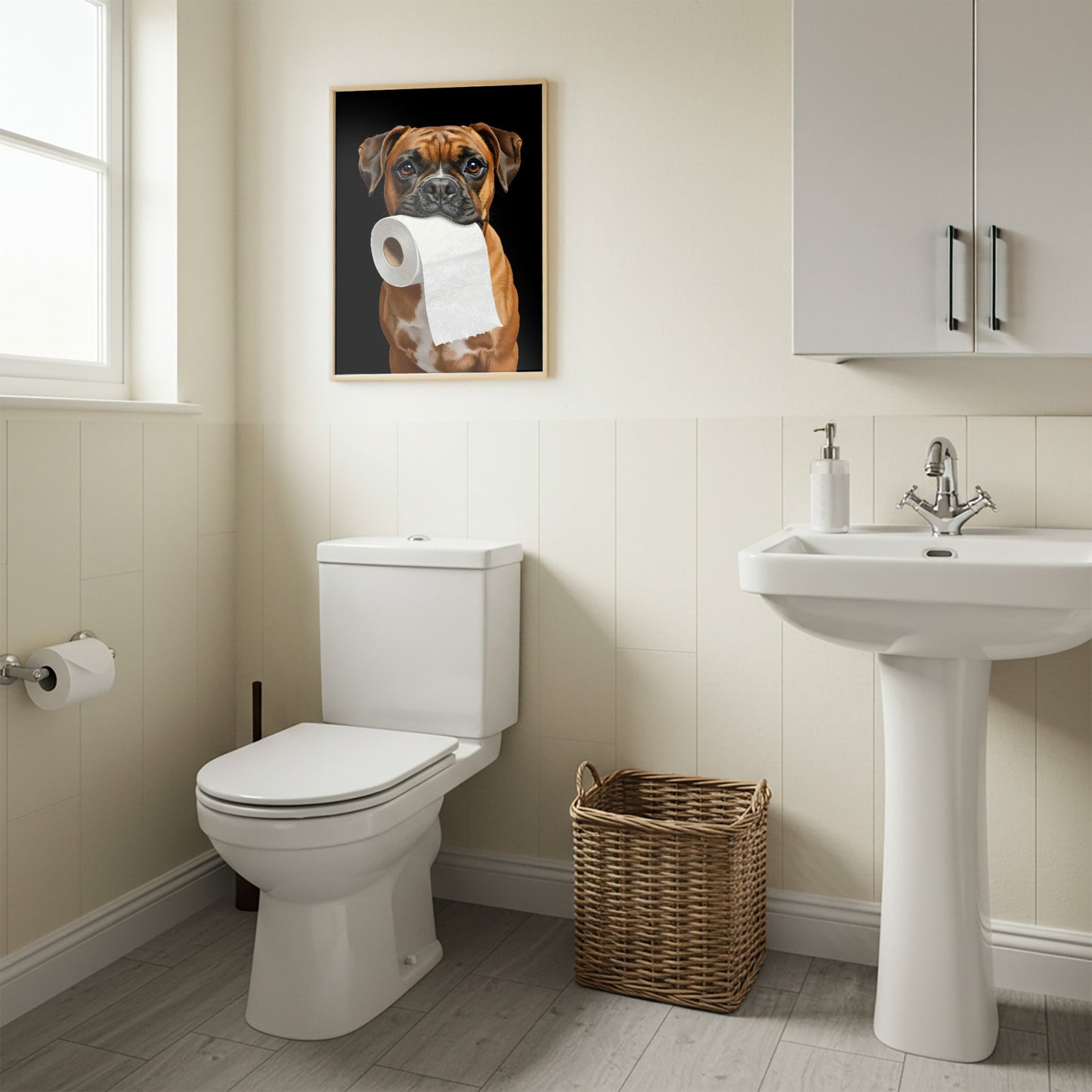 Boxer poster in a natural wood frame above the toilet, wicker basket and pedestal sink