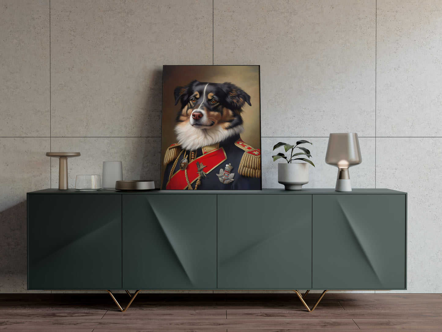 Poster berger australien en uniforme posé sur un buffet vert, mur en dalles beiges