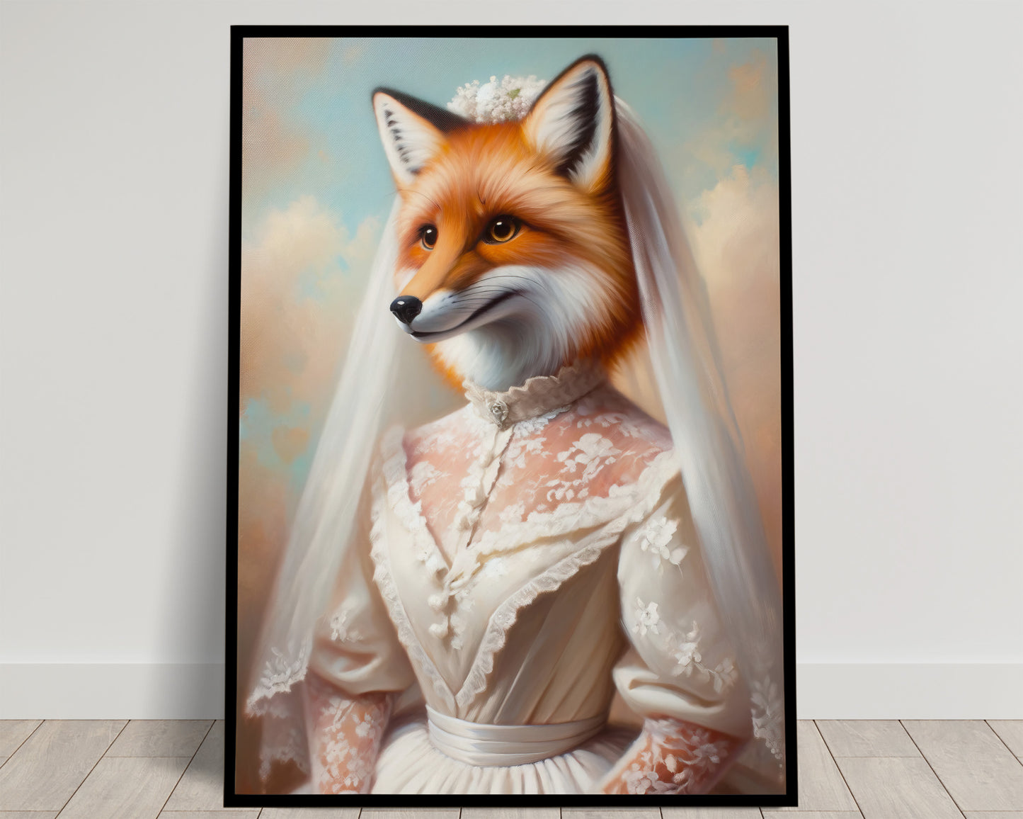 Portrait of a red fox in a blush pink lace wedding dress and white veil, pastel sky, black frame