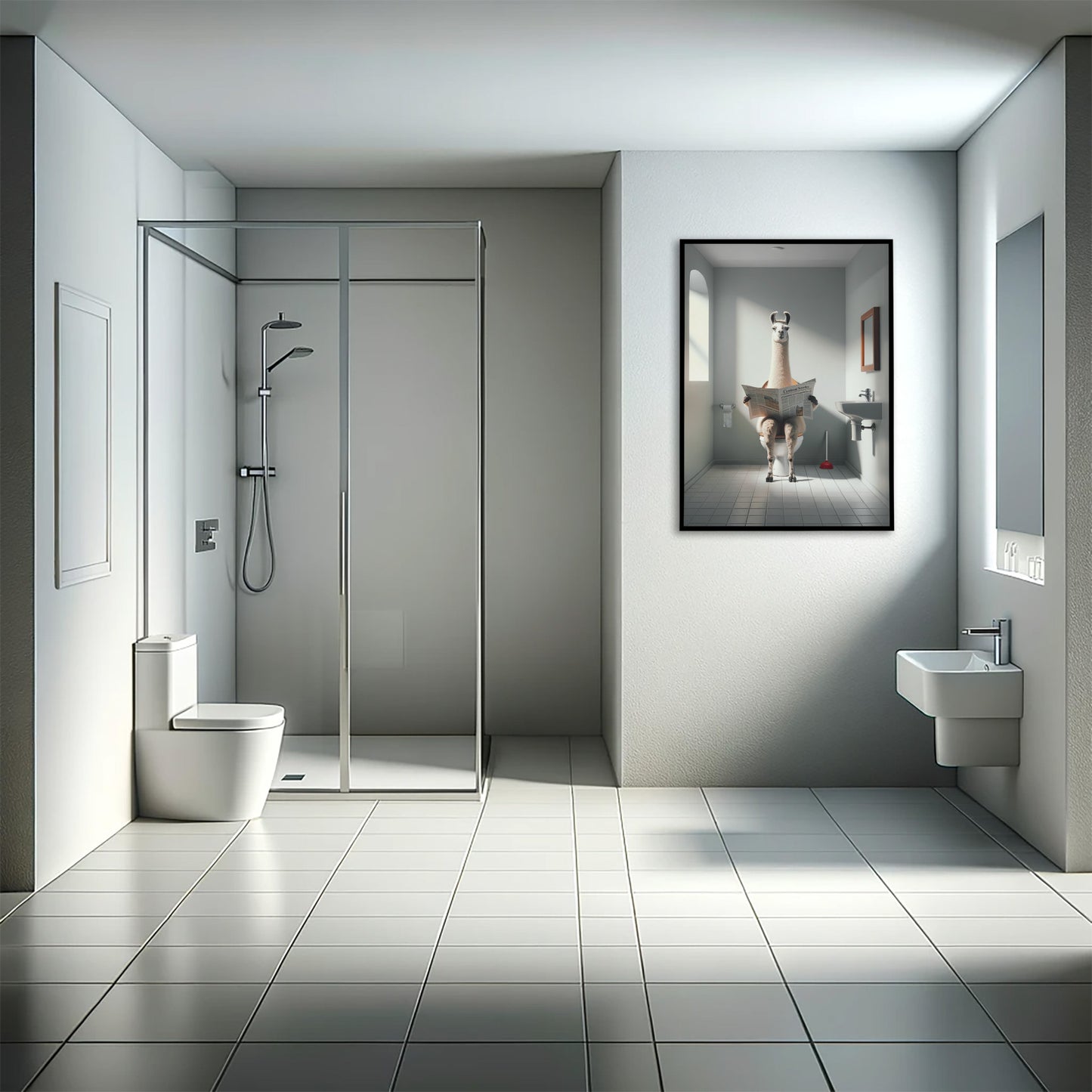 Poster lama lisant le journal en cadre noir dans une salle d'eau avec douche vitrée
