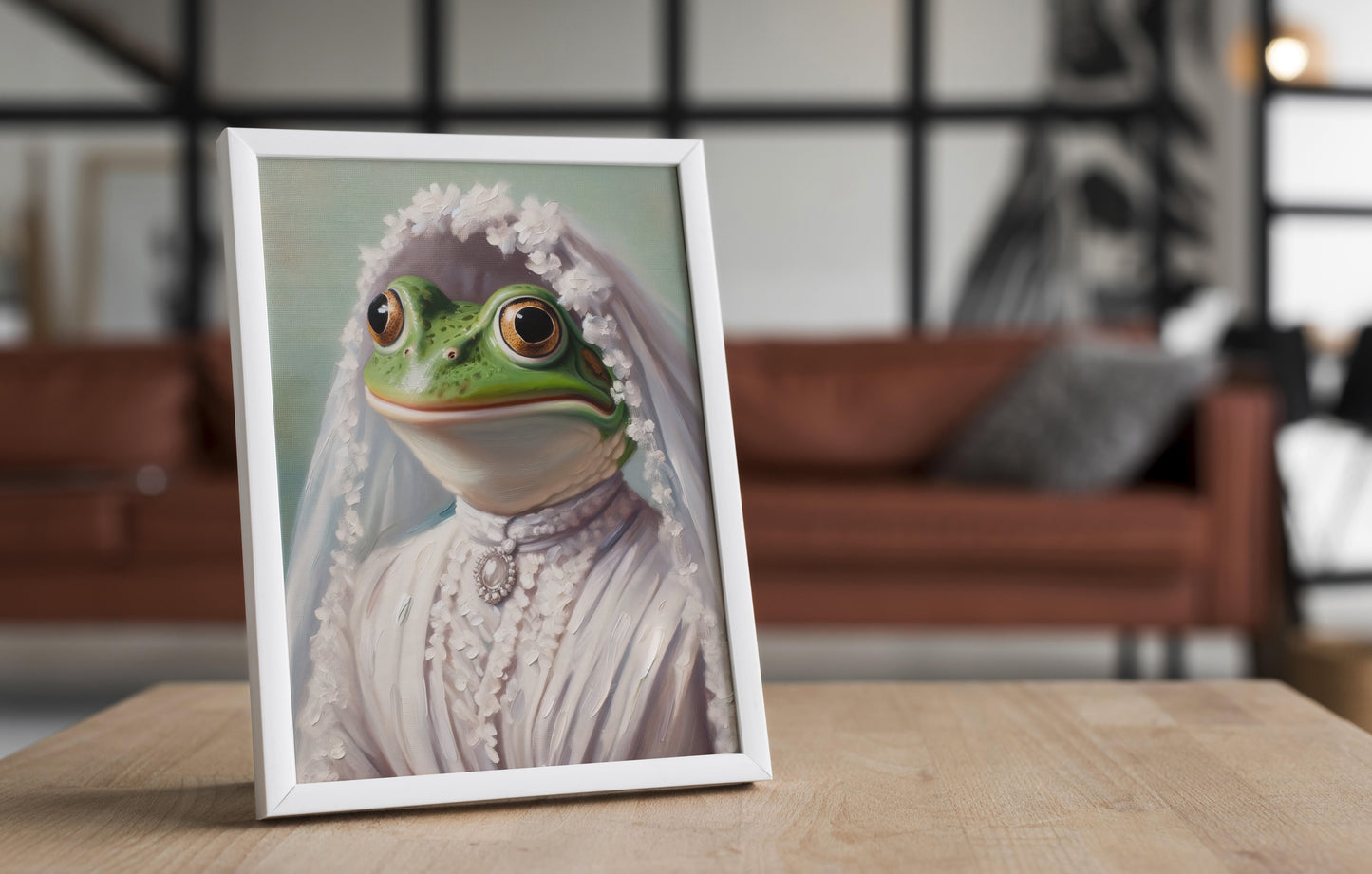 Frog in wedding dress poster in a white frame on a wooden table, blurred living room behind
