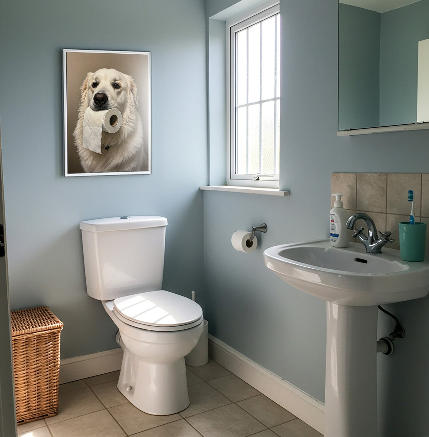 Poster montagne des Pyrénées au papier toilette en cadre blanc sur un mur bleu clair, près d'une fenêtre