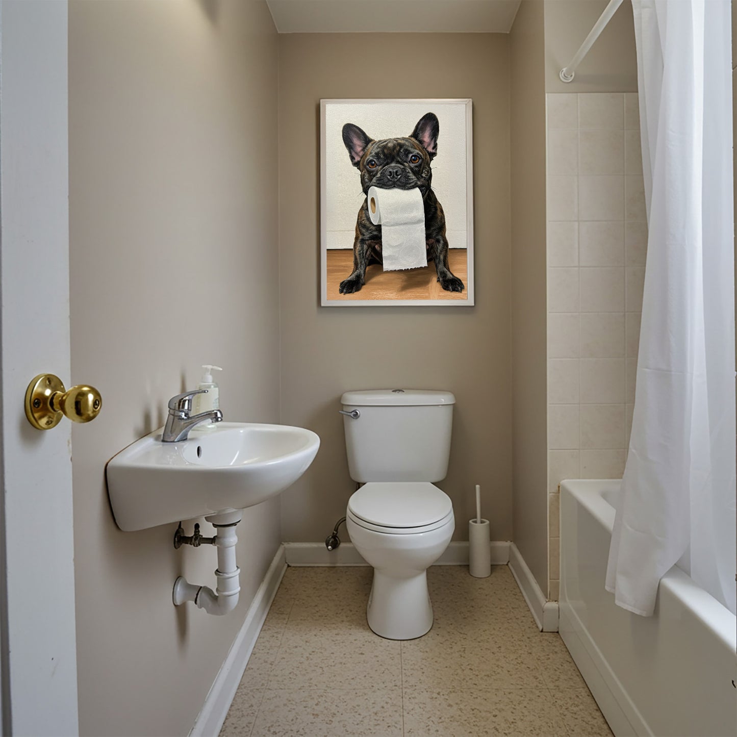 Poster Bouledogue Français Bringé Humoristique pour Toilettes – Décoration WC, Affiche Cadeau Bulldog, Poster Encadré Toilettes Moderne