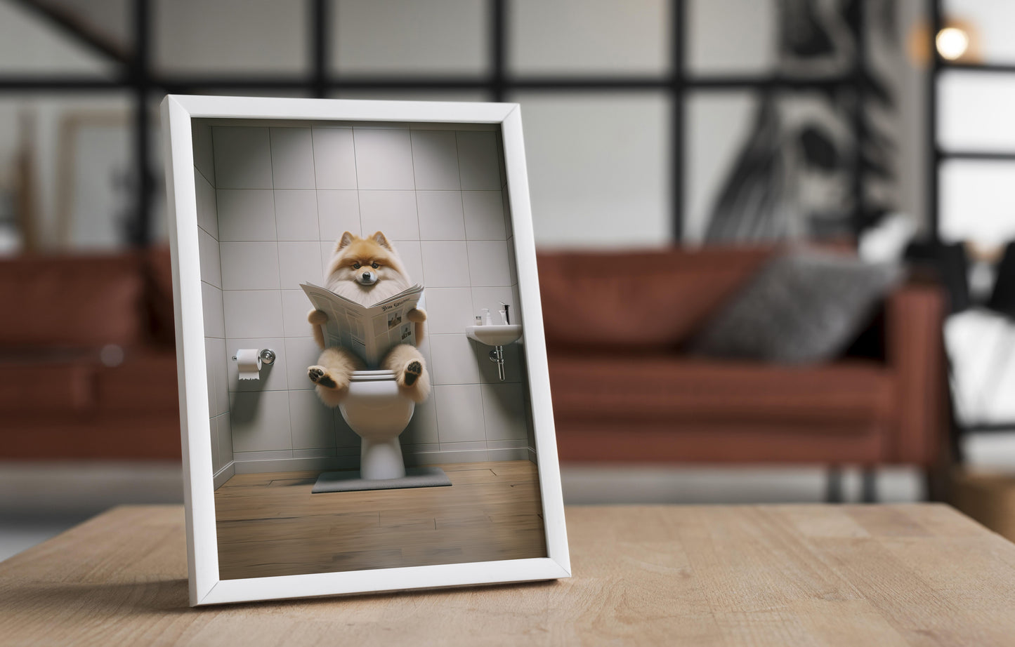 Poster Humoristique : Spitz Allemand Lisant sur les Toilettes | Décoration WC | Cadeau Original Salle de Bain
