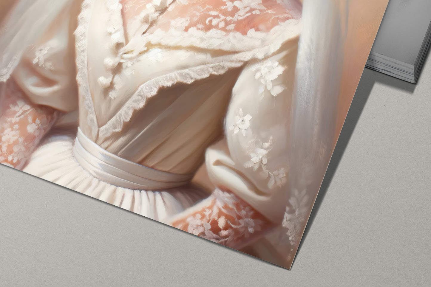 Detail of the fox in wedding dress poster: buttoned bodice, pink lace and satin sash